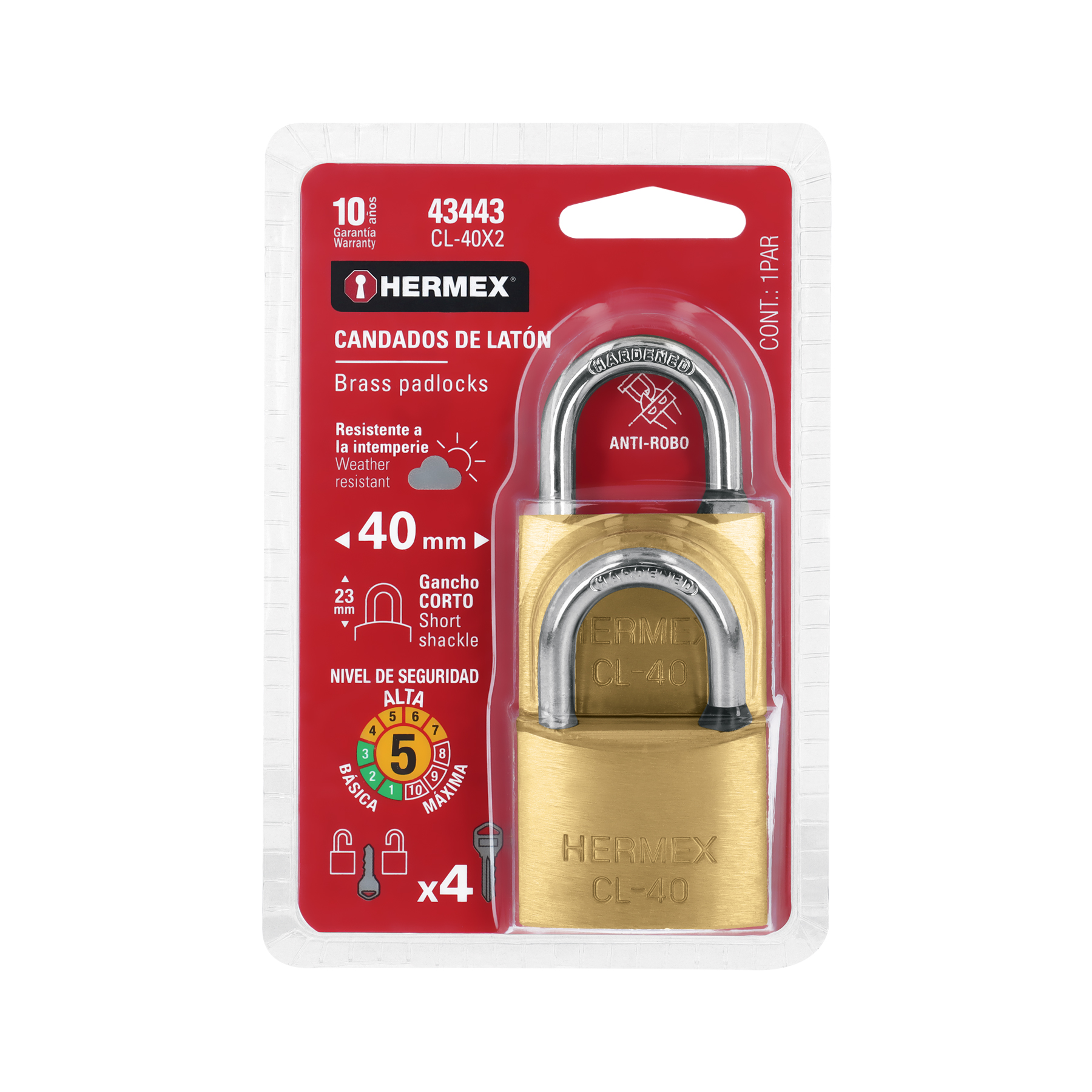 Blíster con 2 candados de latón de 40mm con gancho corto