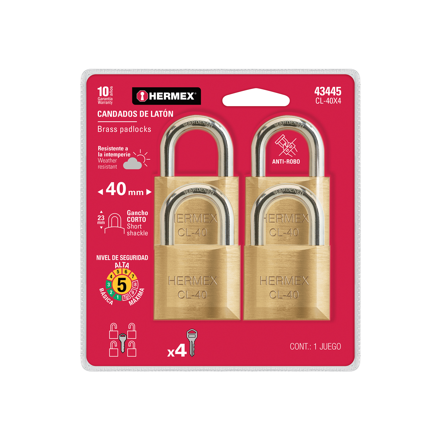 Blíster con 4 candados de latón de 40mm con gancho corto