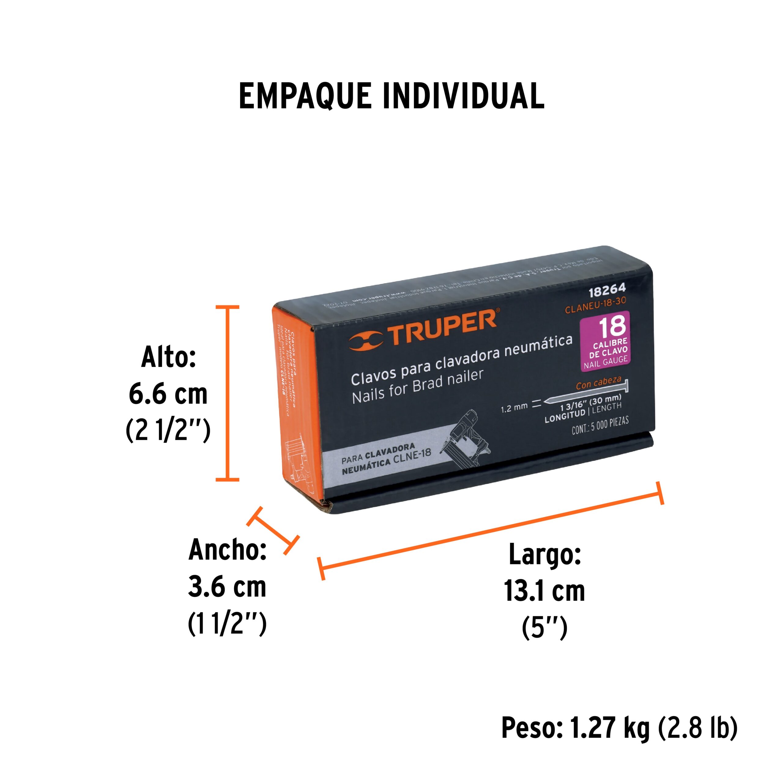 Caja con 5000 clavos calibre 18, 30 mm para CLNE-18, Truper