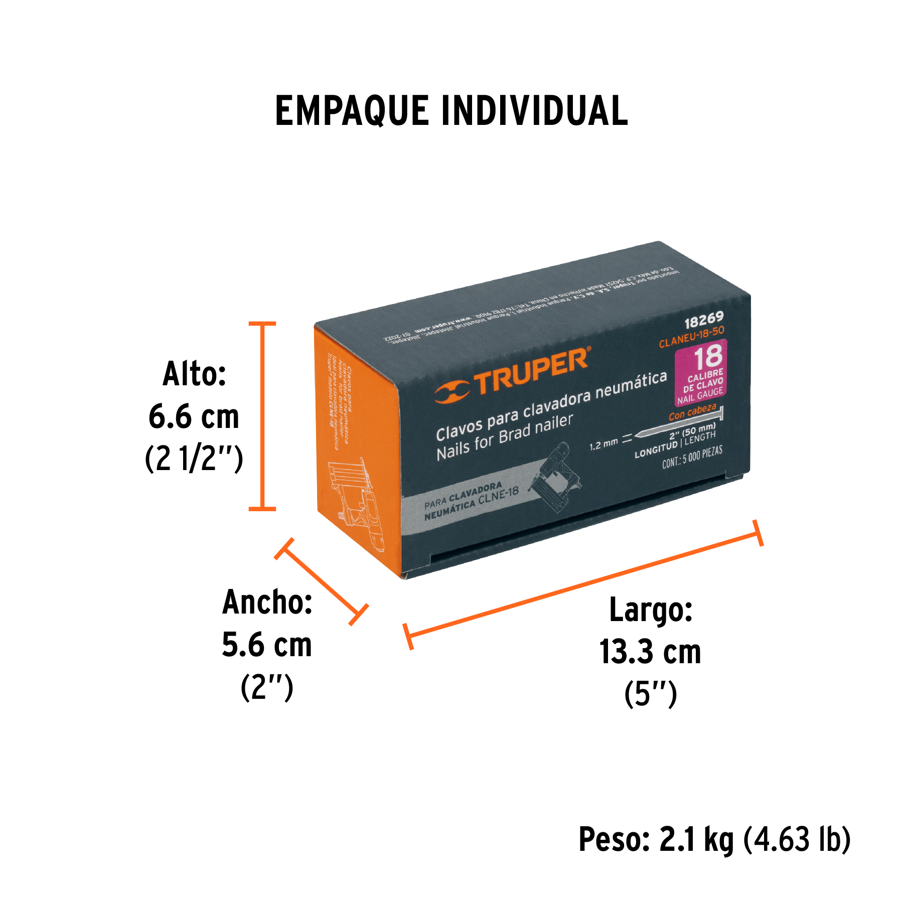Caja con 5000 clavos calibre 18, 50 mm para CLNE-18, Truper