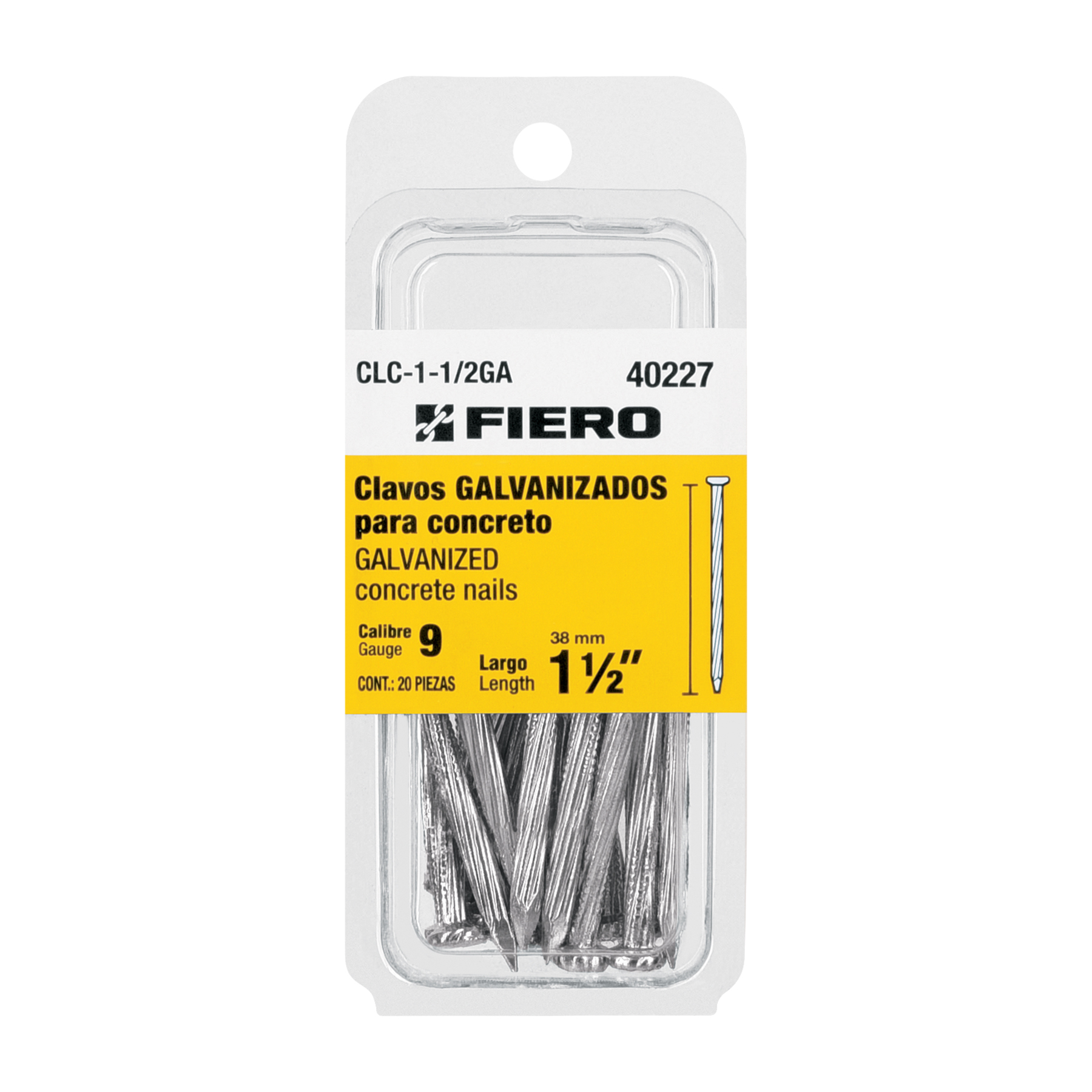 Blíster con 20 clavos galvanizados p/concreto 1-1/2', FIERO