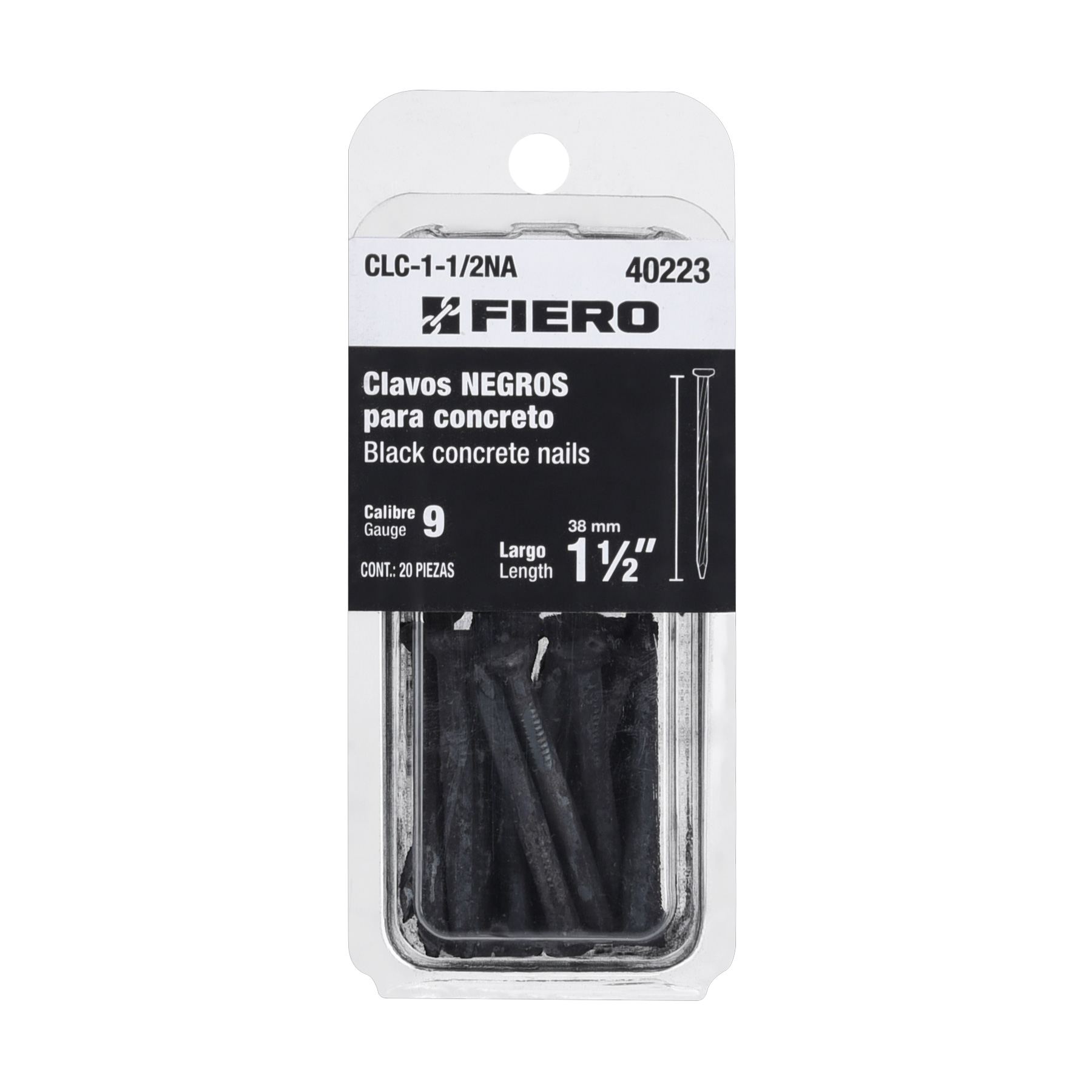 Blíster con 20 clavos negros para concreto 1-1/2', FIERO