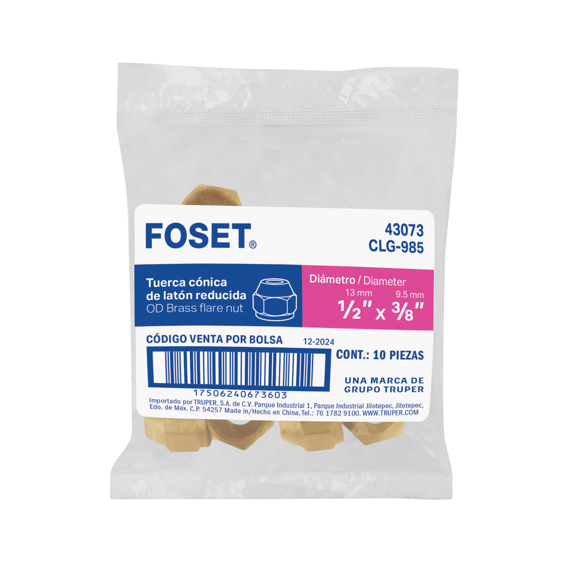 Tuerca cónica reducida de latón 1/2' x 3/8', Foset - Imagen 3
