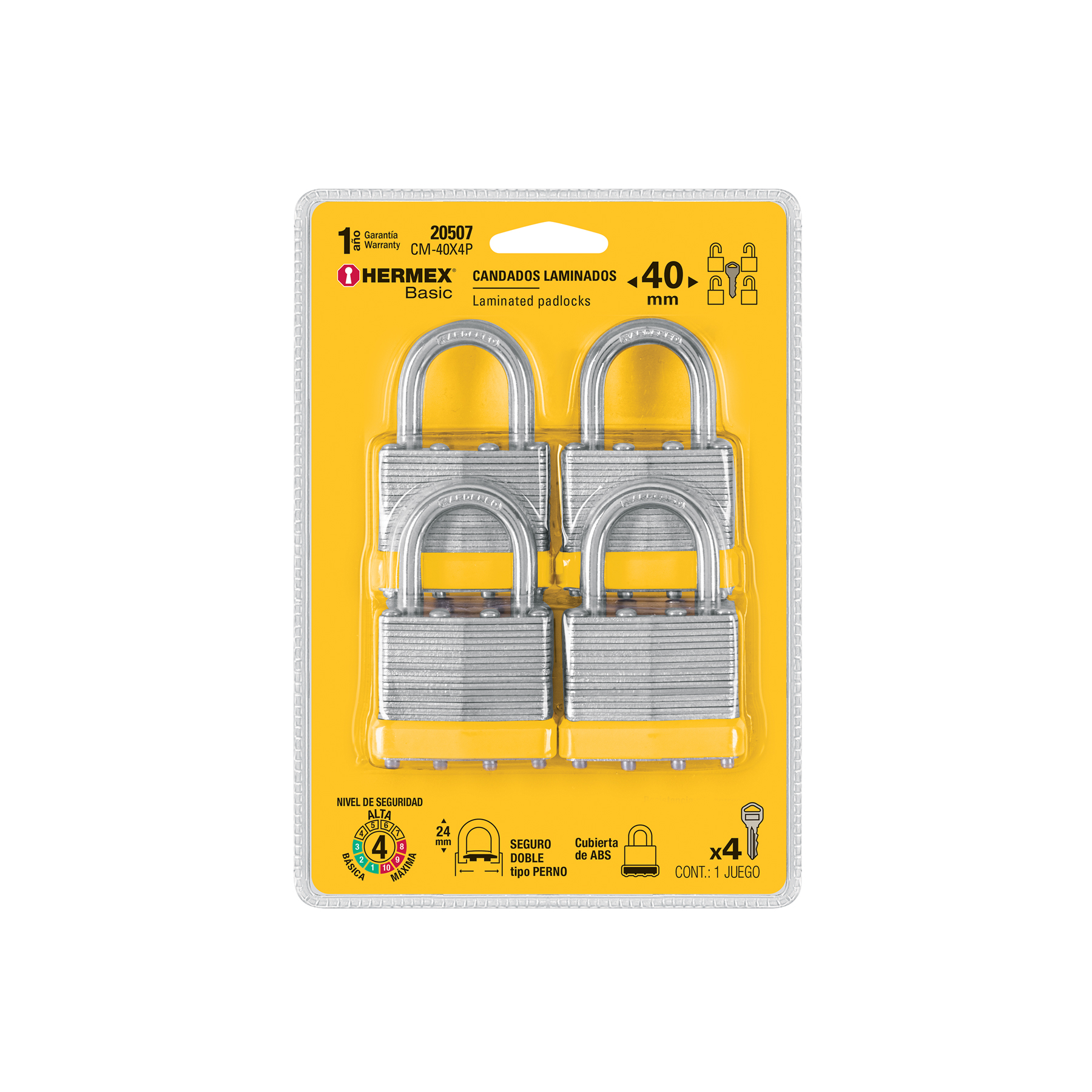 Juego de 4 candados cuerpo laminado, 40 mm, HERMEX BASIC