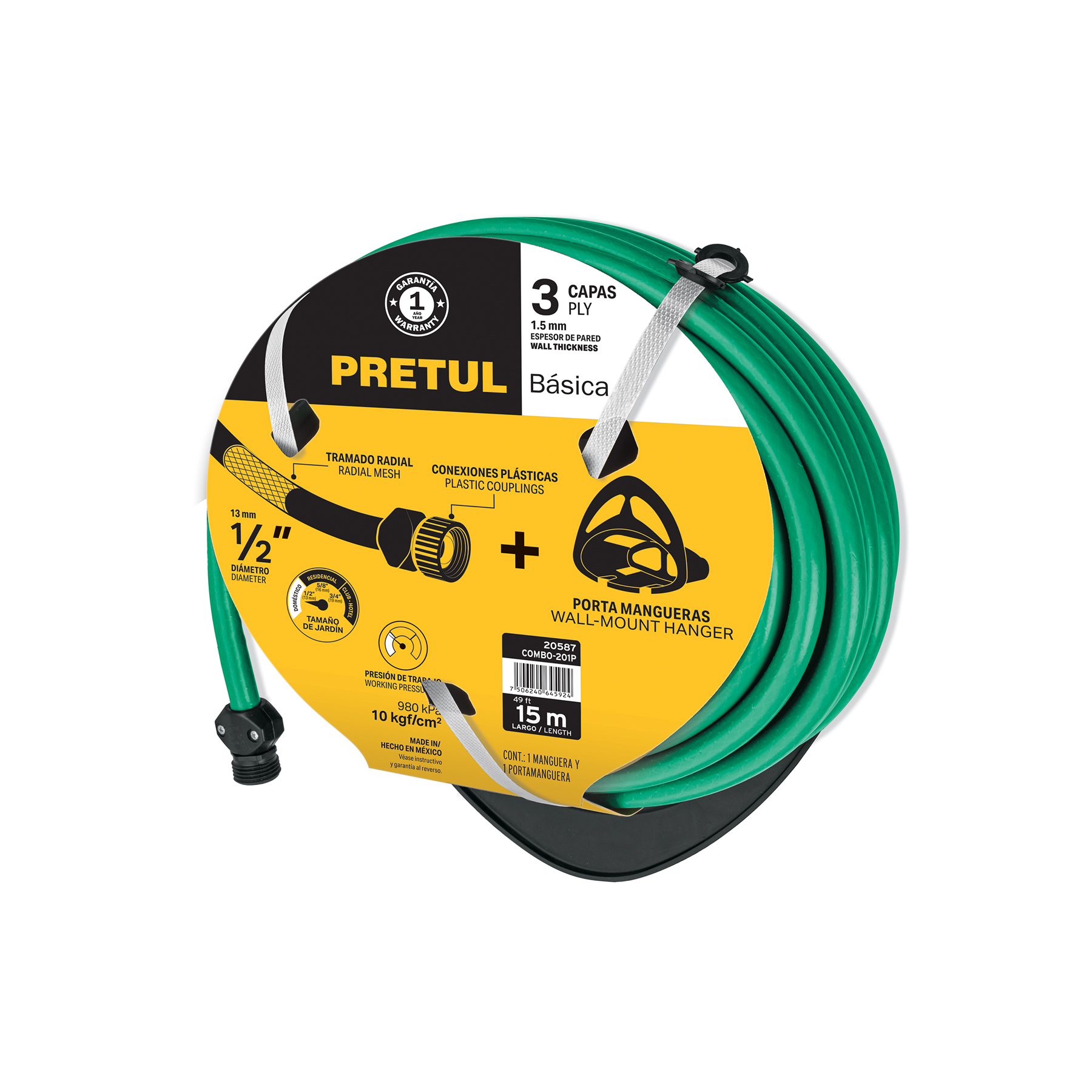 Combo manguera MAN-15X1/2P y portamanguera negro, Pretul