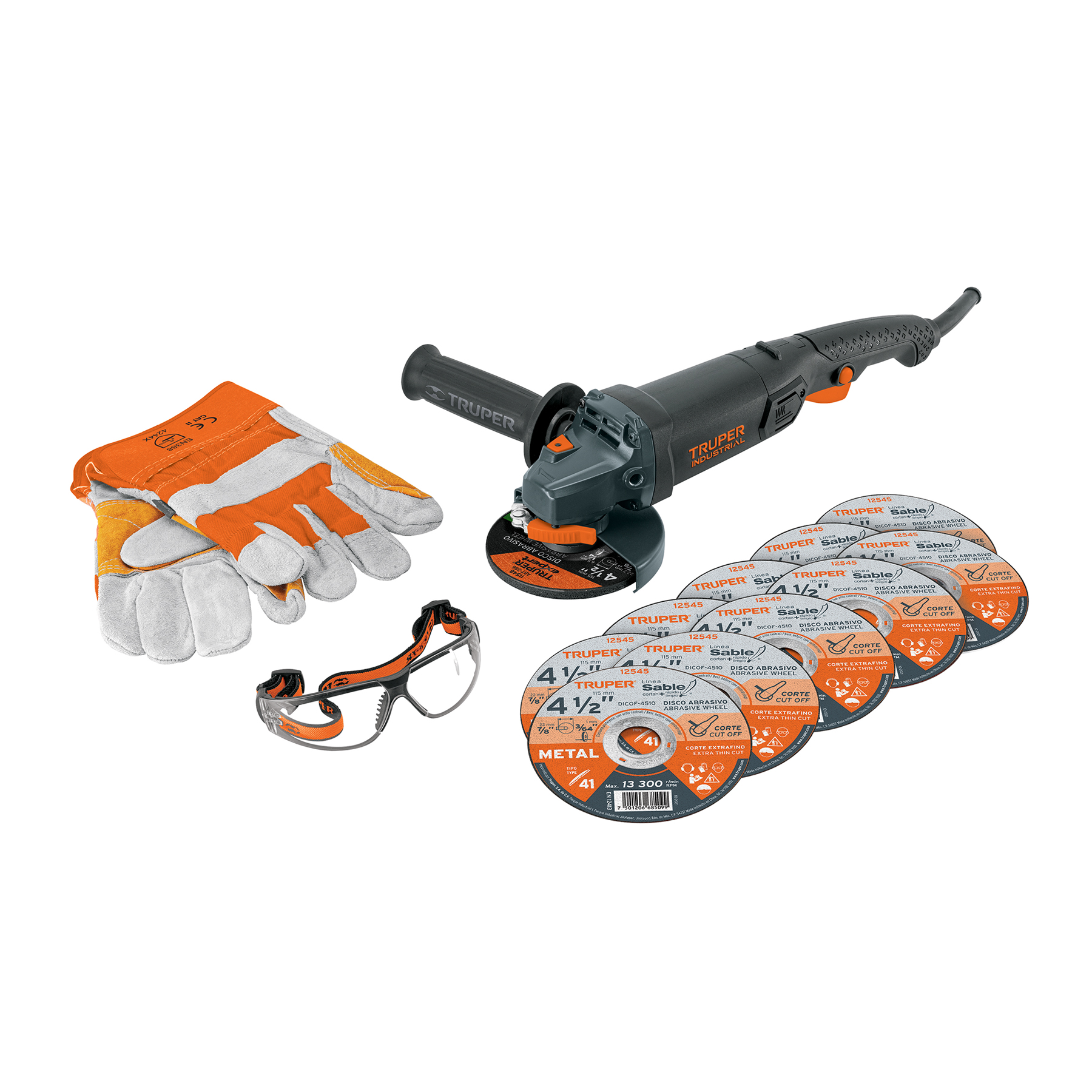 Combo esmeriladora 4-1/2',950W, discos, lentes y guantes,IND