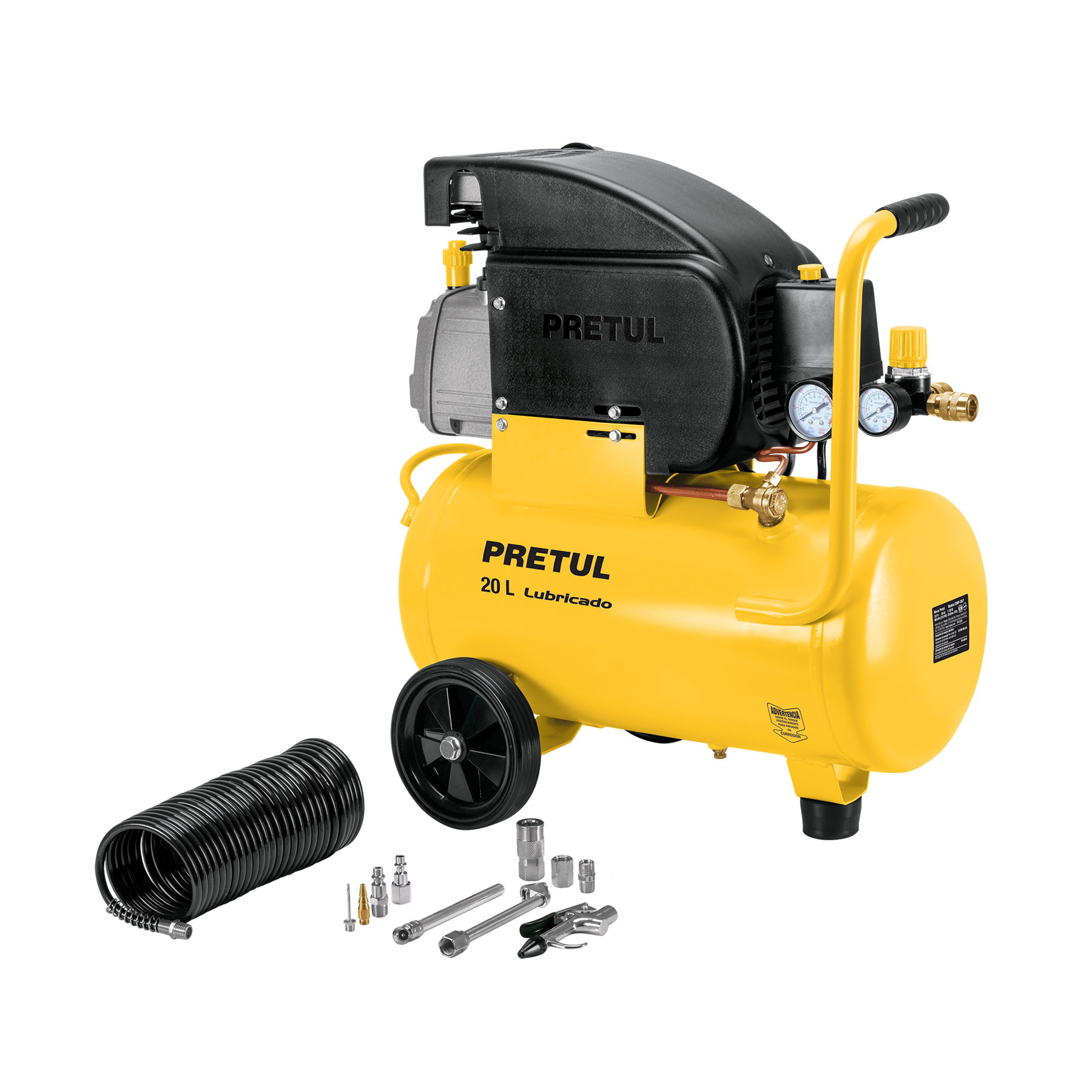 Kit Compresor lub, 20L, manguera y accesorios, 127V, PRETUL