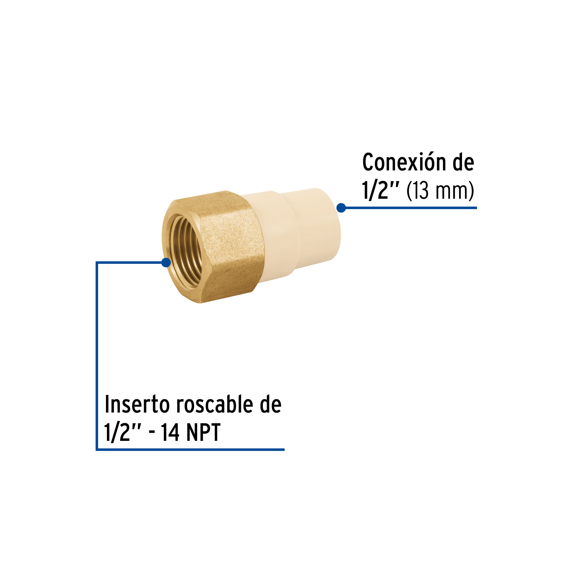Adaptador hembra de CPVC 1/2' con inserto de latón, FOSET - Imagen 2