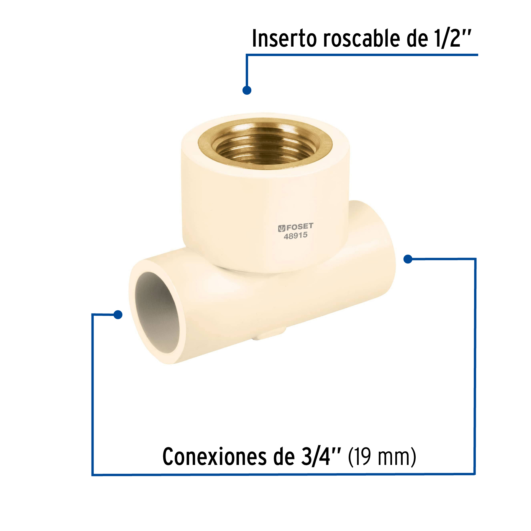 Tee reducida hembra de CPVC 3/4' x 3/4' x 1/2' inserto latón - Imagen 2