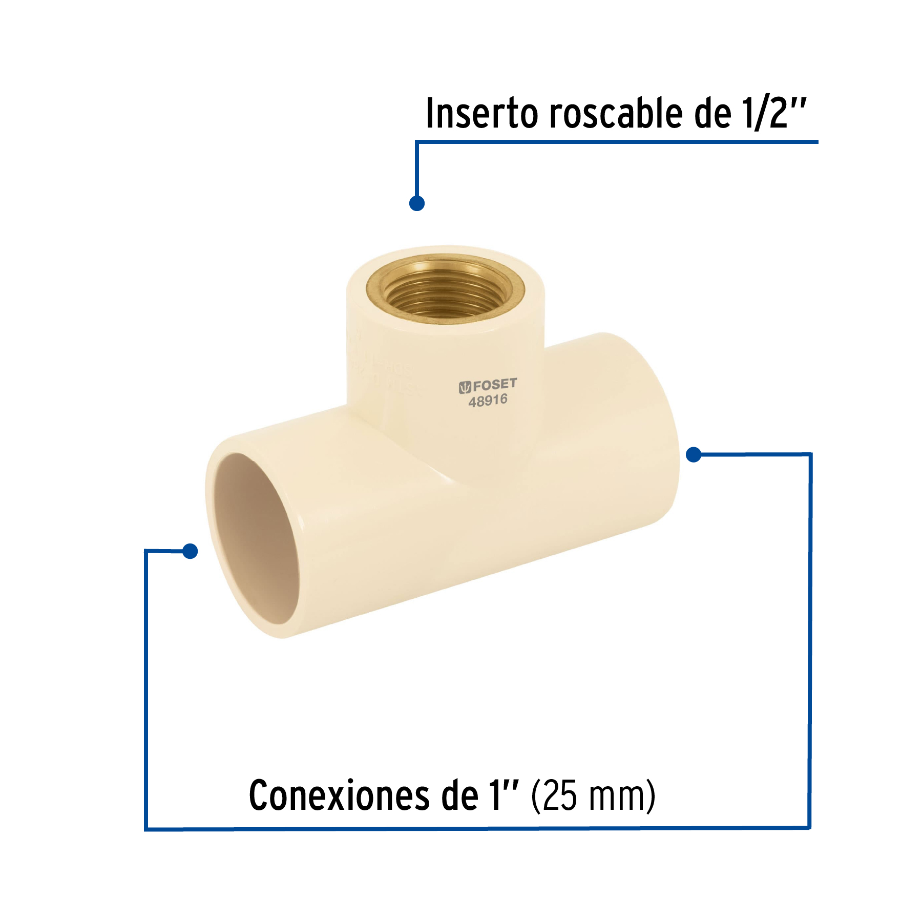 Tee reducida hembra de CPVC 1' x 1' x 1/2' inserto latón - Imagen 2
