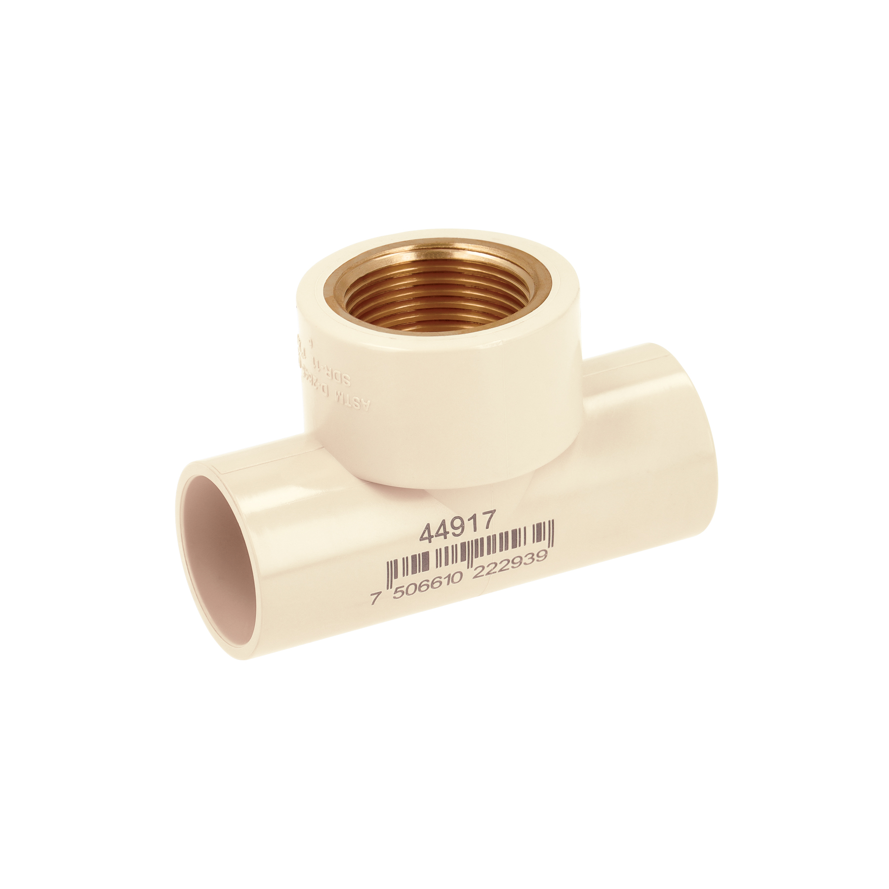 Tee de CPVC 1' rosca central hembra inserto latón, FOSET
