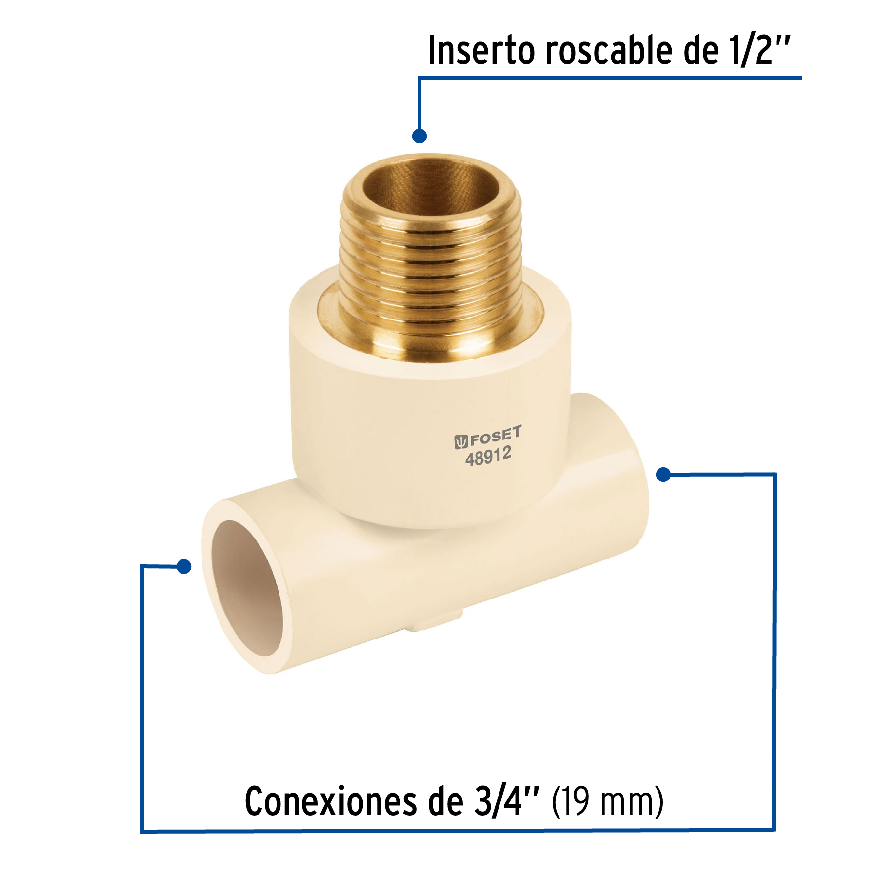 Tee reducida macho de CPVC 3/4' x 3/4' x 1/2' inserto latón - Imagen 2