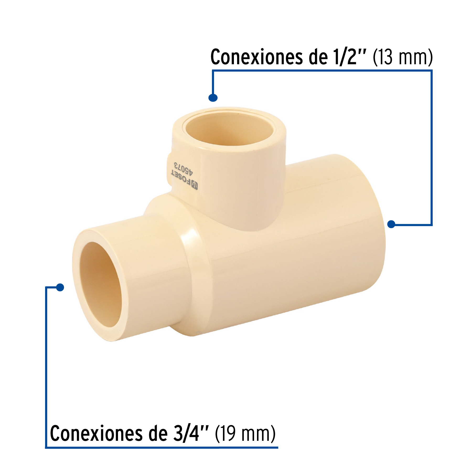 Tee reducida lateral de CPVC 3/4' x 1/2' x 1/2' , FOSET - Imagen 2