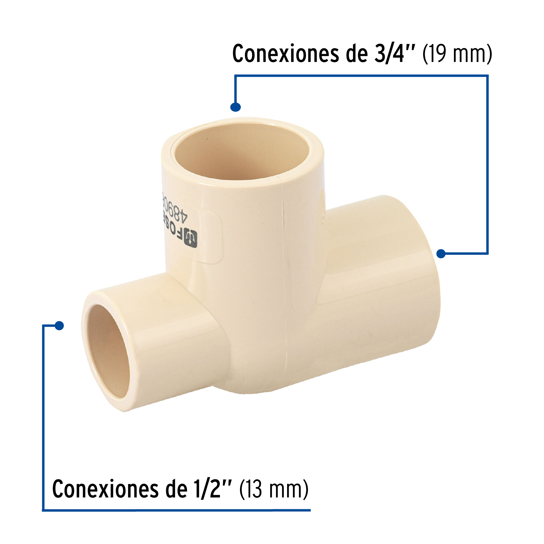 Tee reducida lateral de CPVC 3/4' x 1/2' x 3/4', FOSET - Imagen 2
