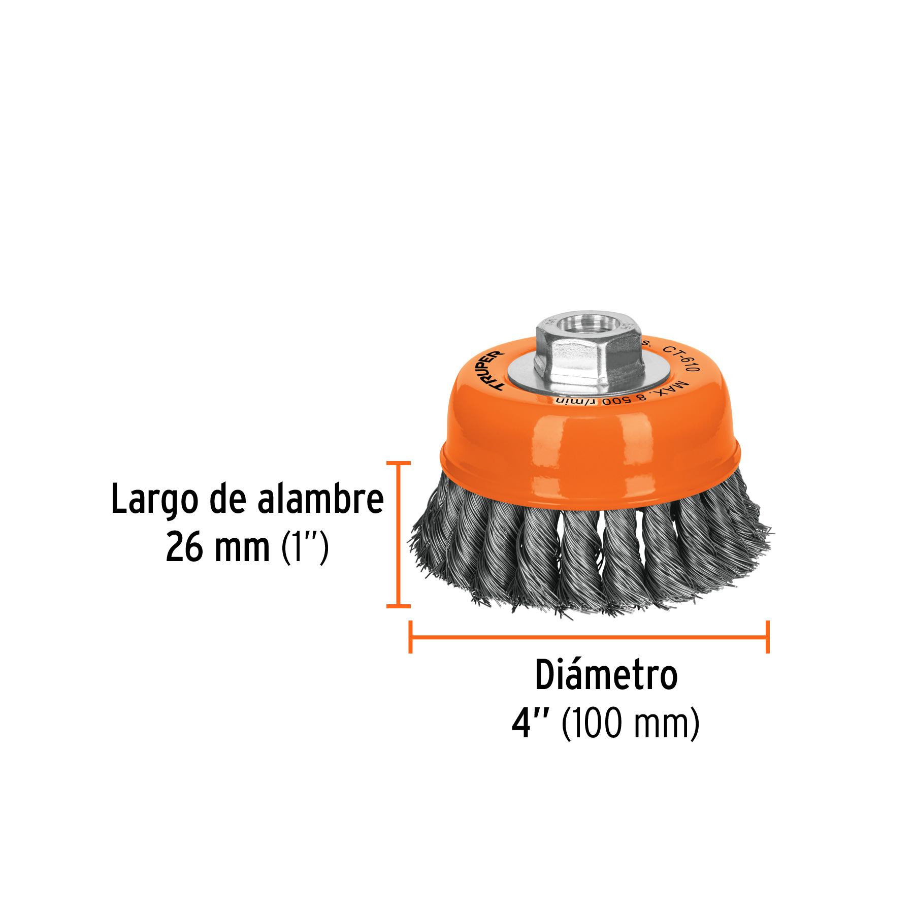 Carda copa 4' alambre trenzado fino, eje 5/8'-11, Truper - Imagen 3