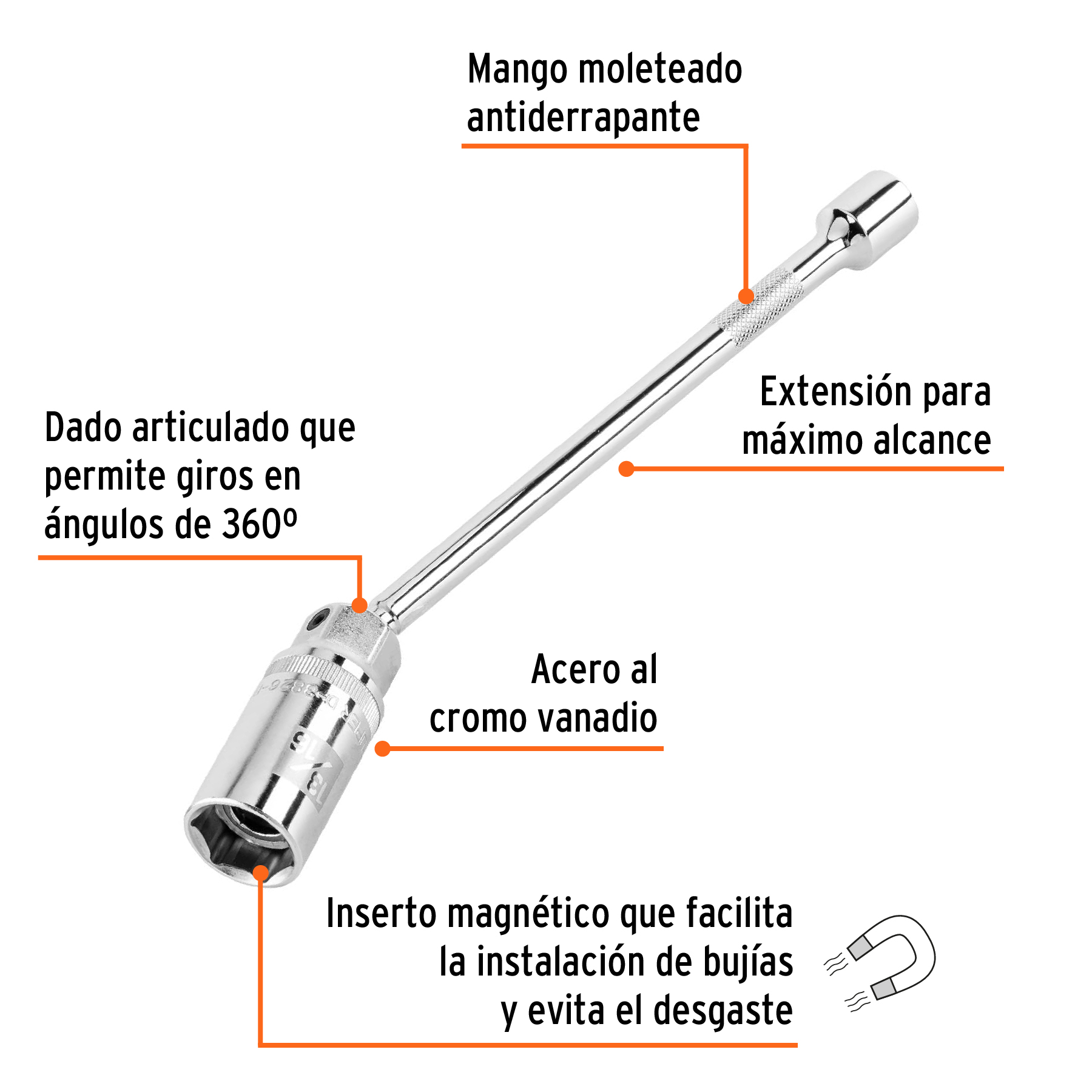Dado p/bujías cuadro 3/8' articulado 13/16', extensión 10' - Imagen 2
