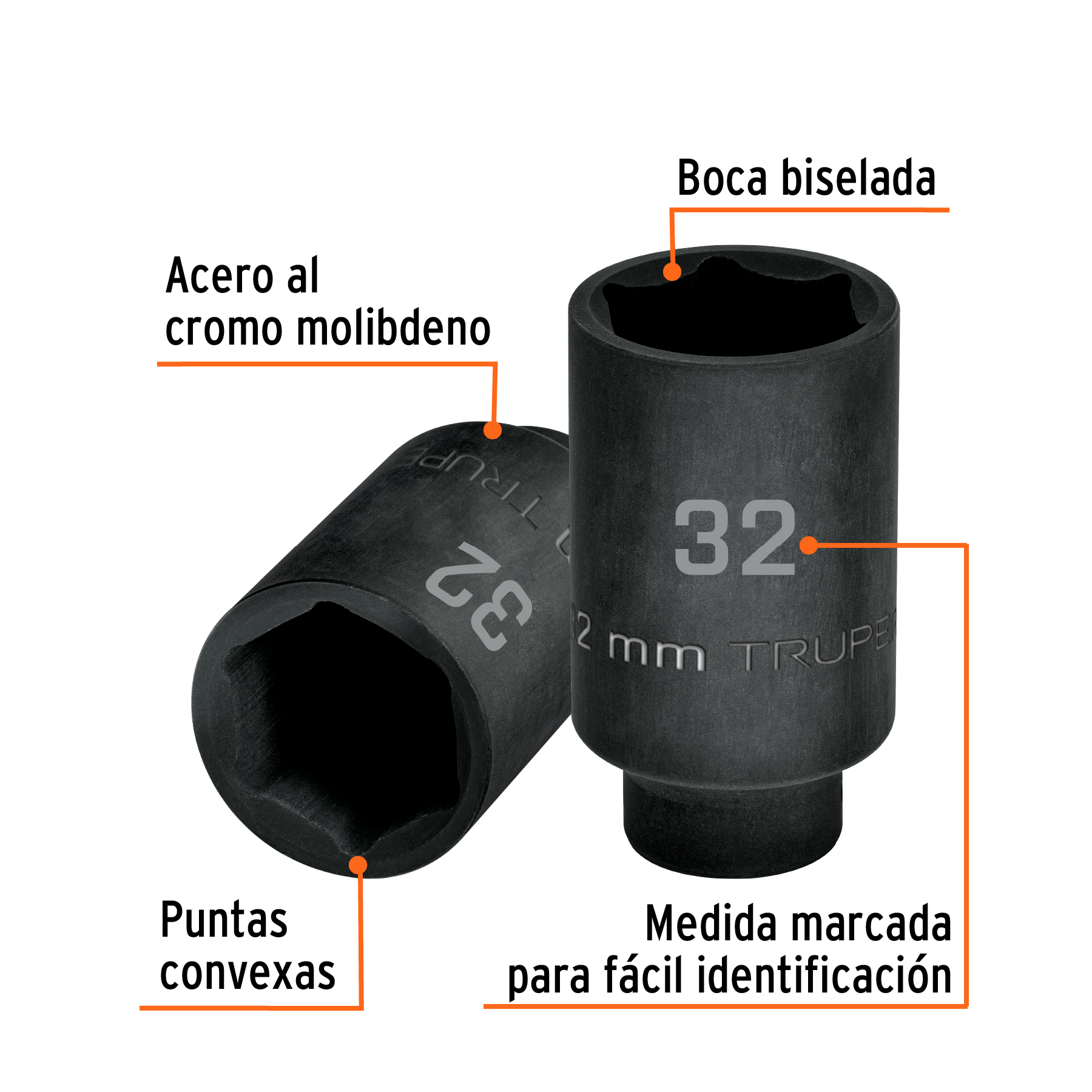 Dado largo impacto de 32 mm, 6 puntas, cuadro 1/2', Truper - Imagen 2