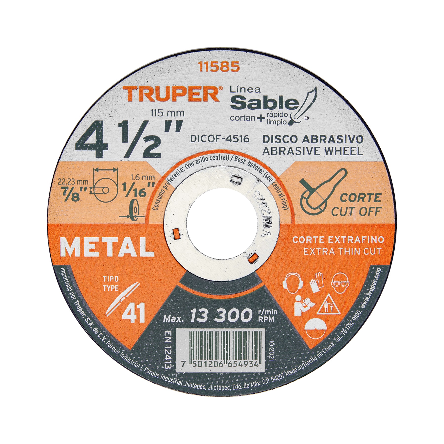 Disco Tipo 41 de 4-1/2' x 1.6 mm corte fino de metal, Sable