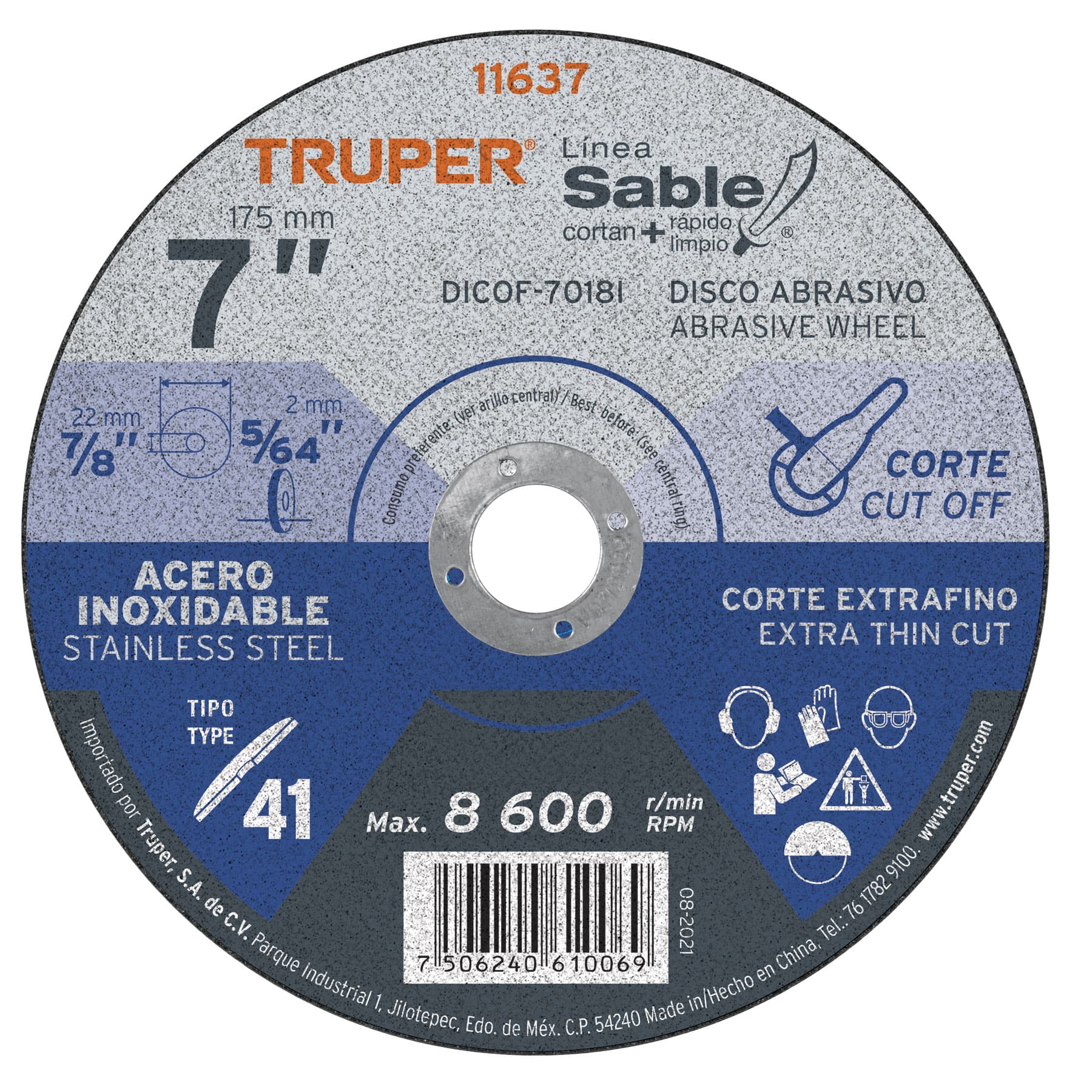 Disco Tipo 41 de 7' x 1.8 mm corte fino acero inox, Sable