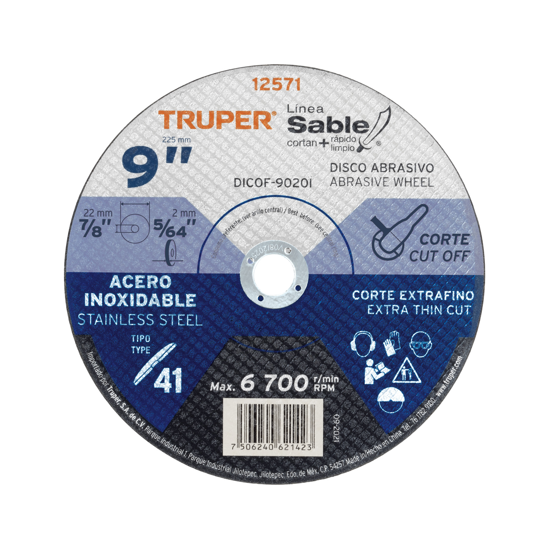 Disco Tipo 41 de 9' x 2 mm corte fino acero inox, Sable