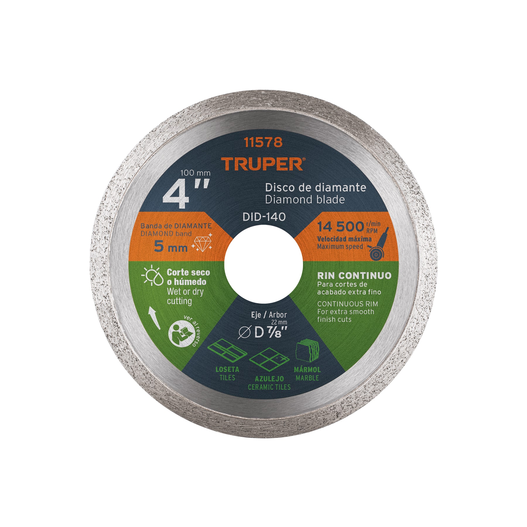 Disco de diamante de 4' x 1.6 mm, rin continuo, TRUPER