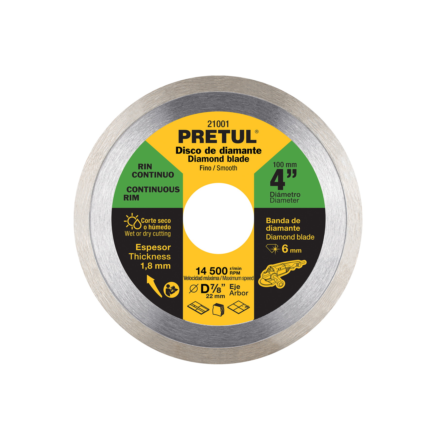 Disco de diamante de 4' x 1.8 mm, rin continuo, PRETUL