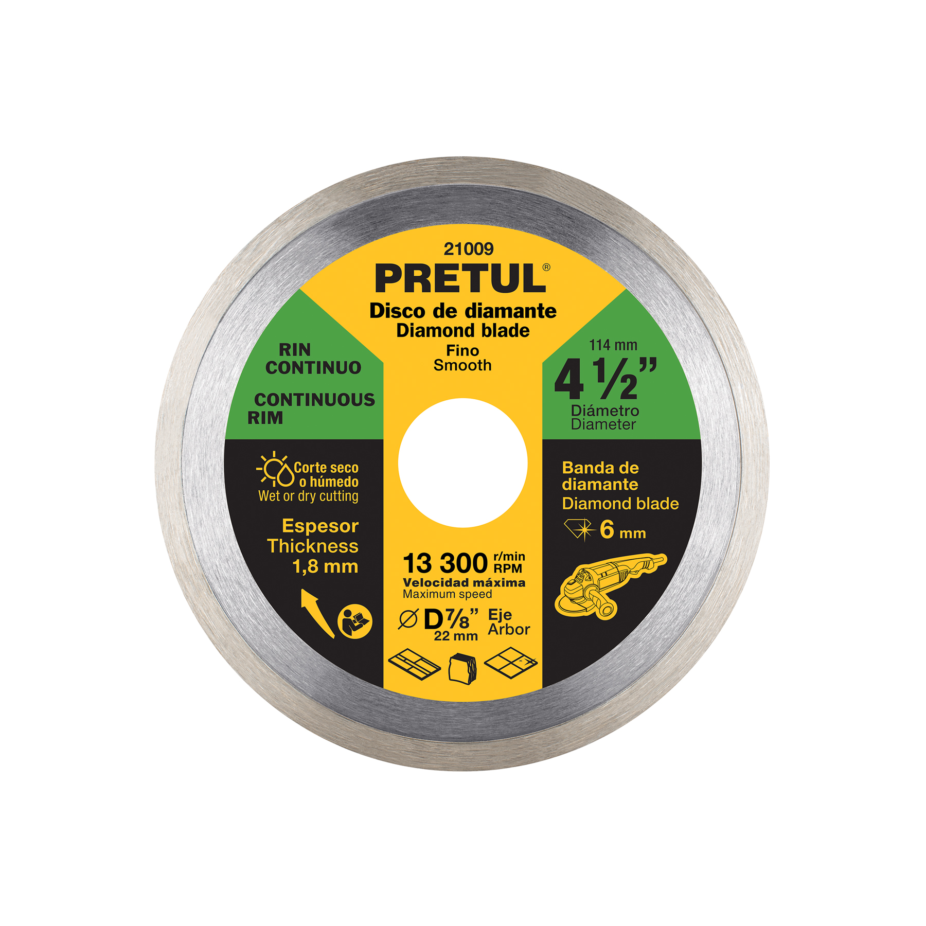 Disco de diamante de 4-1/2' x 1.8 mm, rin continuo, PRETUL