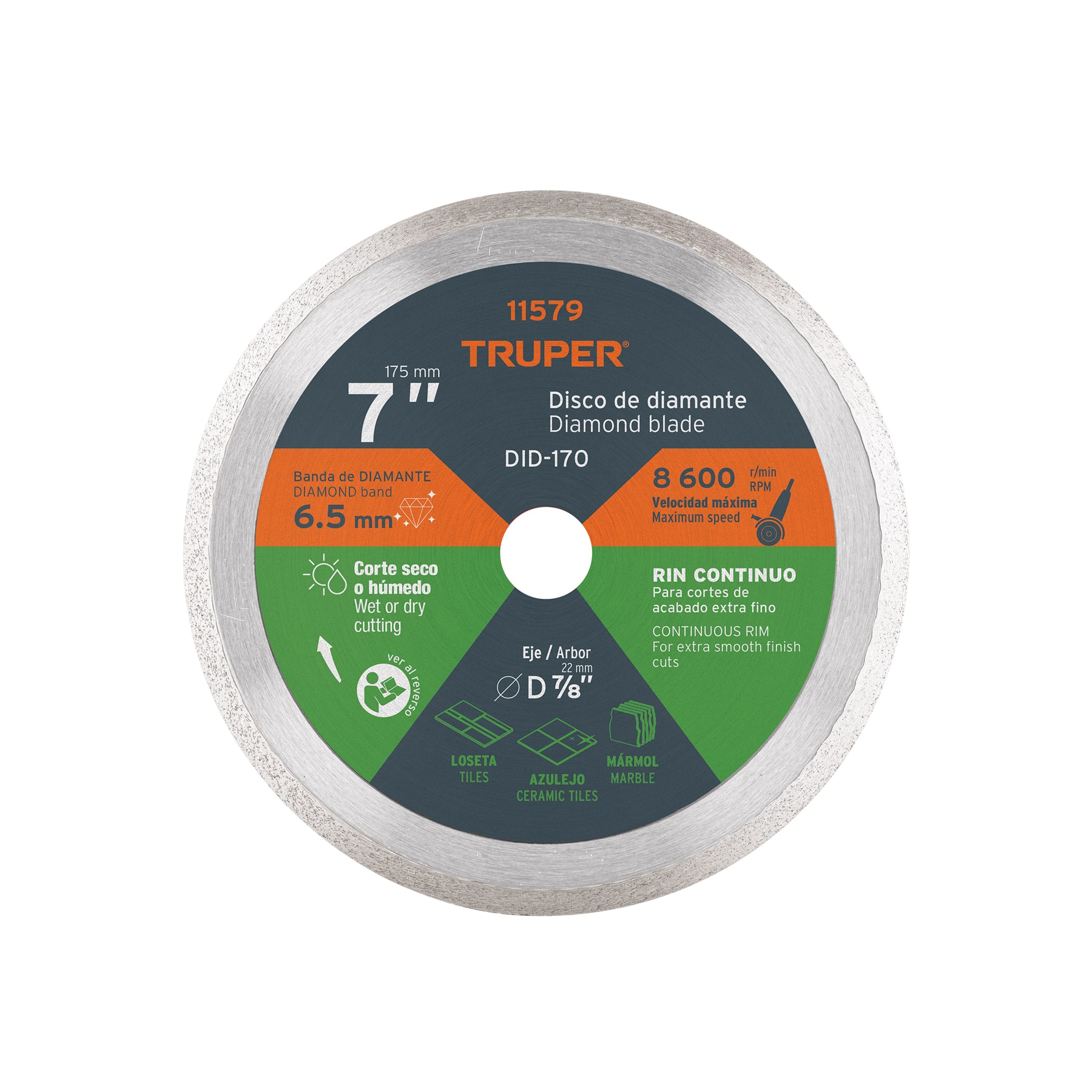 Disco de diamante de 7' x 2.2 mm, rin continuo, TRUPER