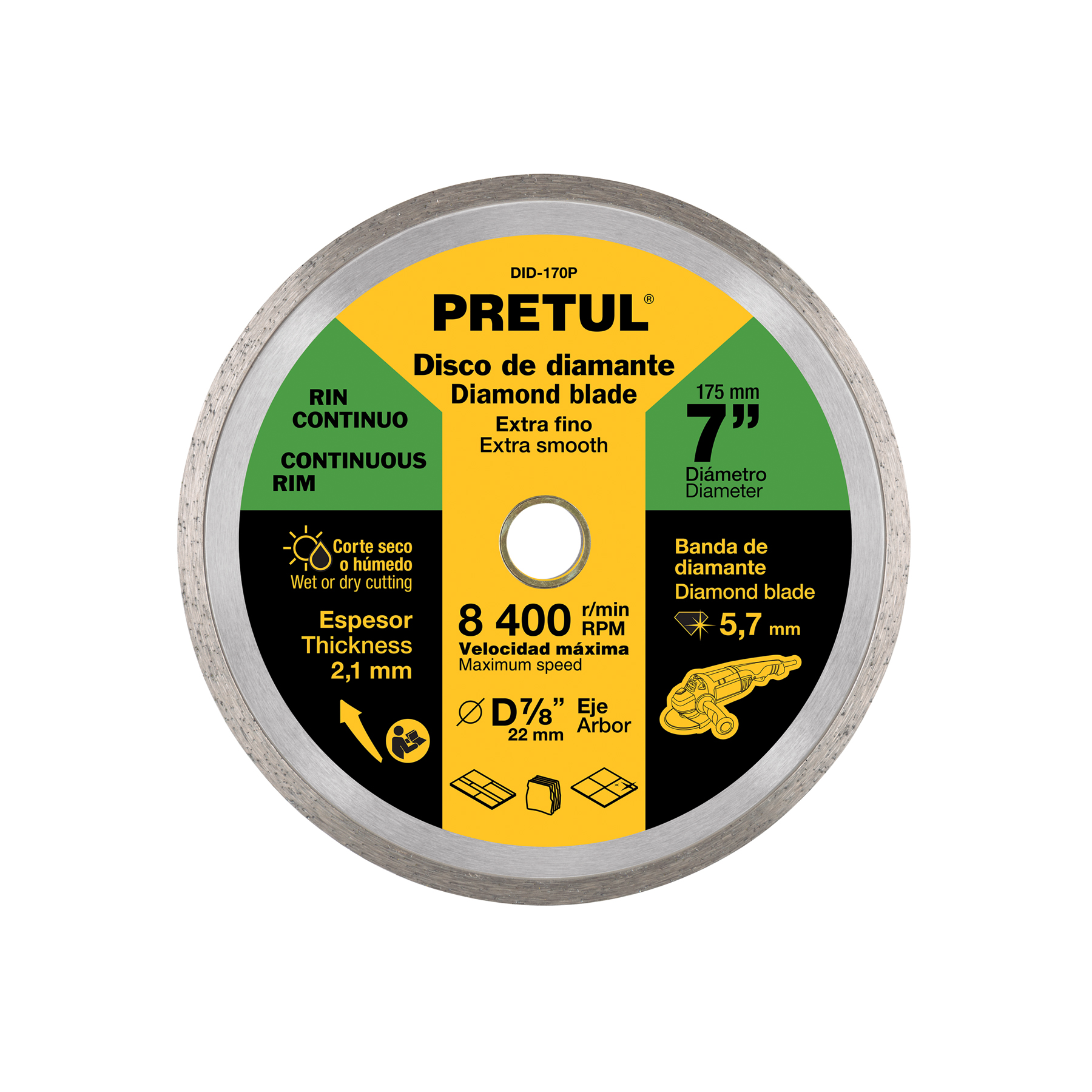 Disco de diamante de 7' x 2.1 mm, rin continuo, PRETUL