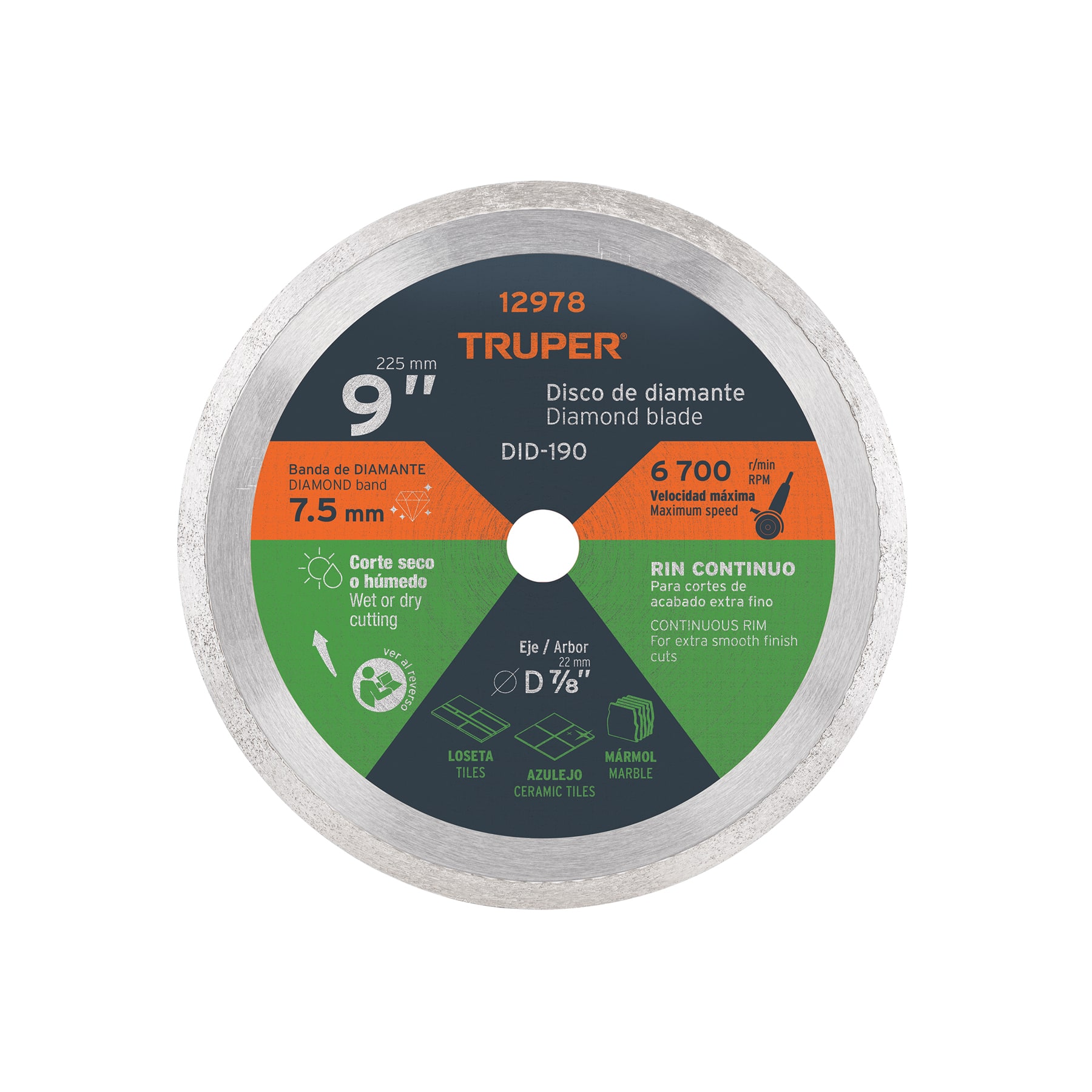 Disco de diamante de 9' x 2.2 mm, rin continuo, TRUPER