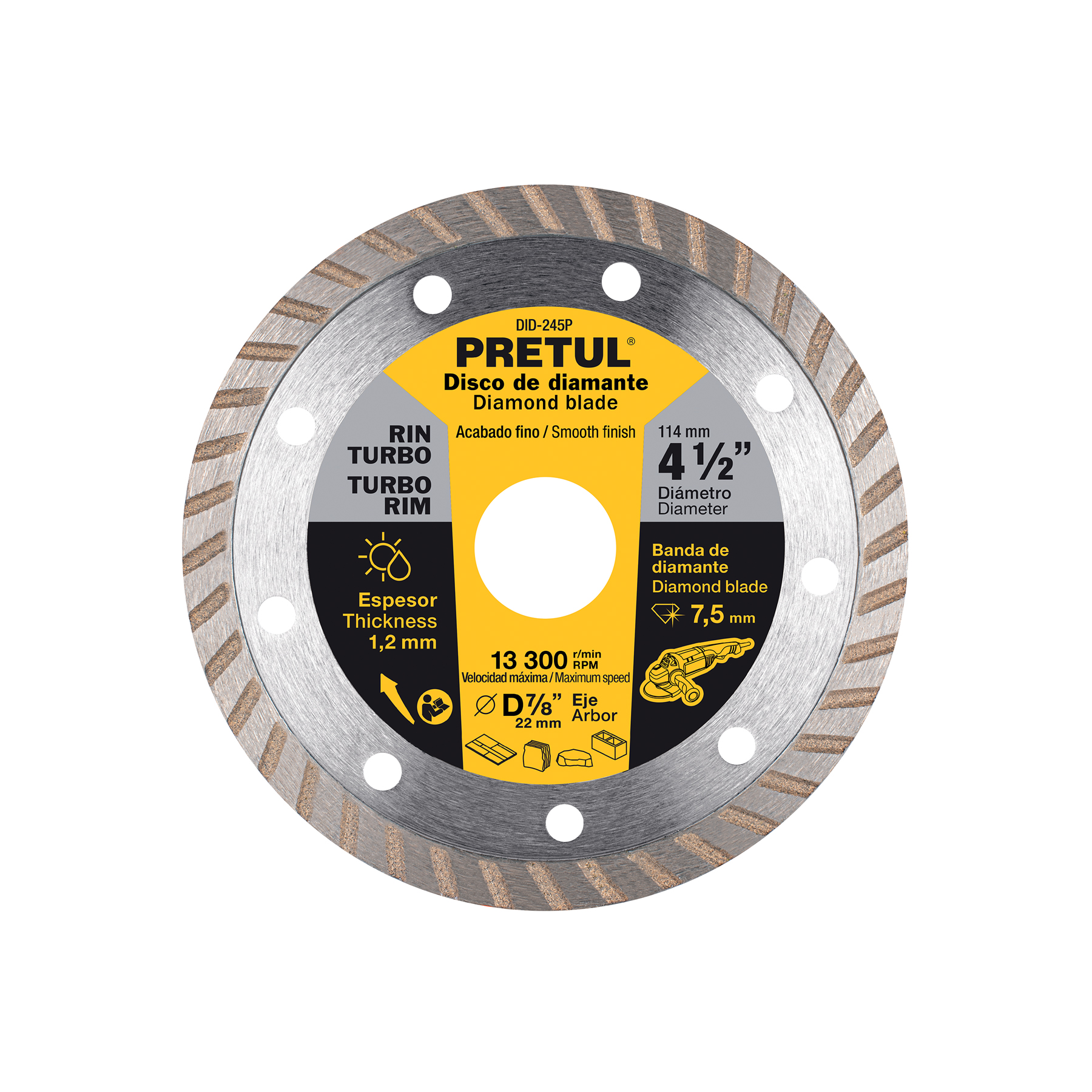 Disco de diamante de 4-1/2' x 1.2 mm, rin turbo, PRETUL