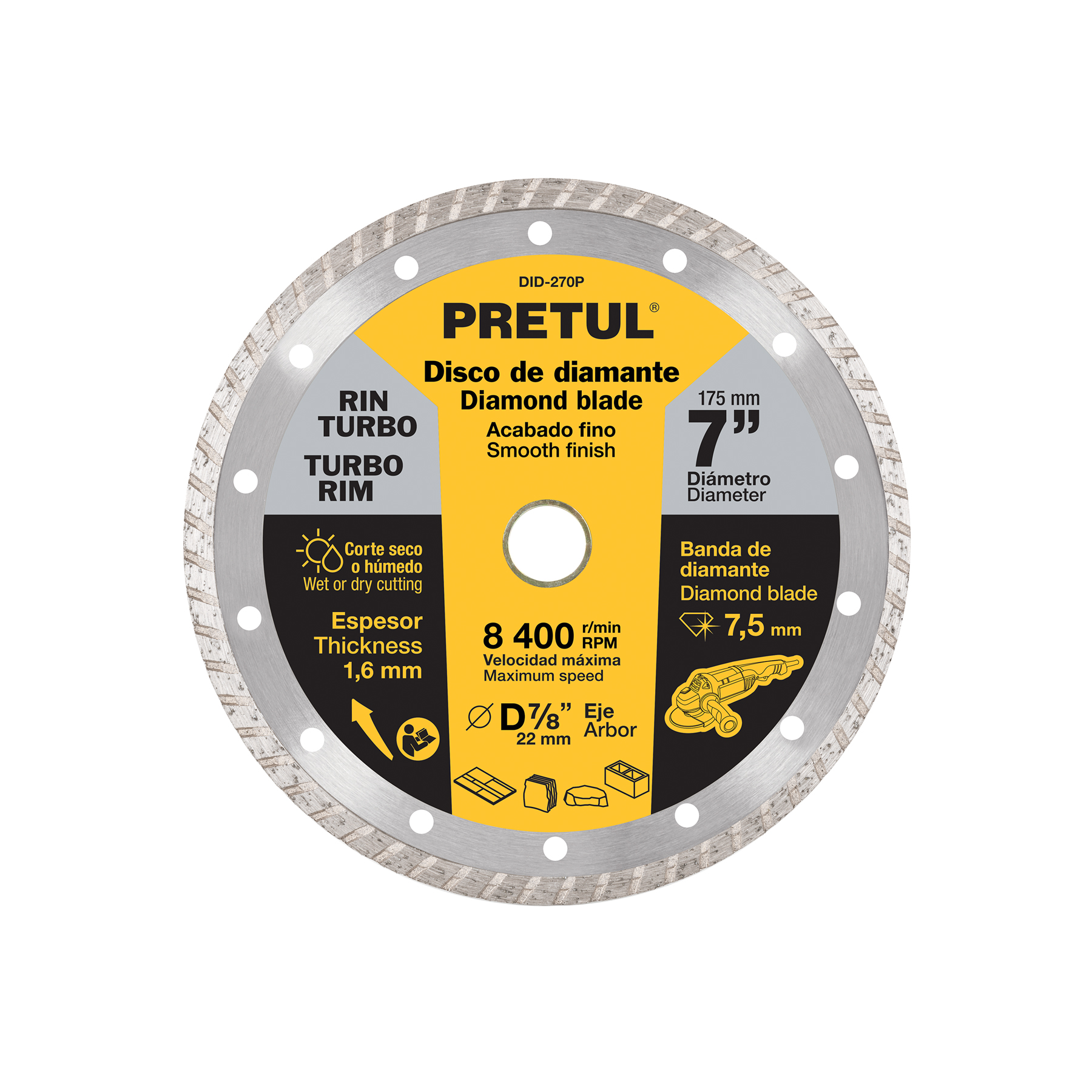 Disco de diamante de 7' x 1.6 mm, rin turbo, PRETUL