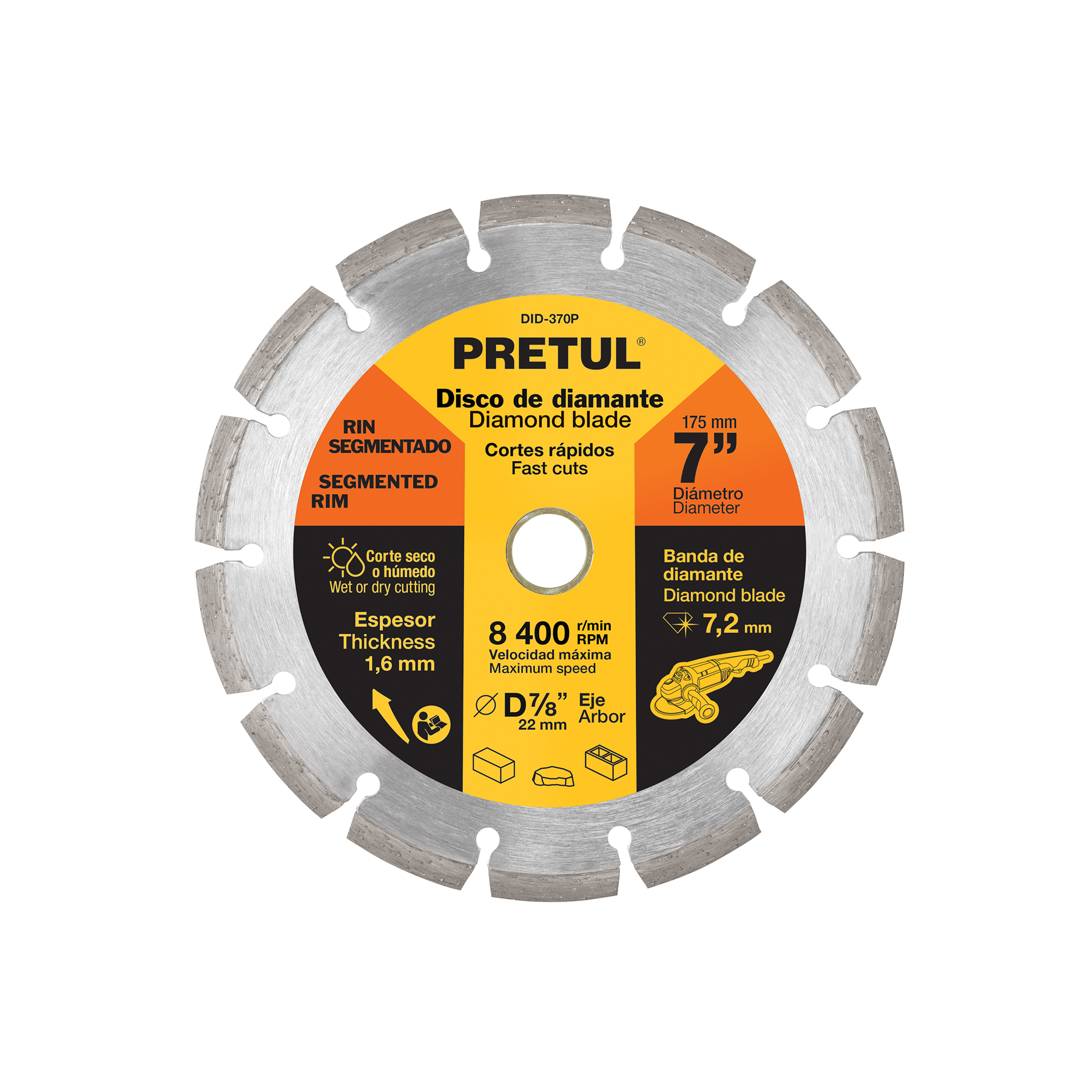Disco de diamante de 7' x 1.6 mm rin segmentado, PRETUL
