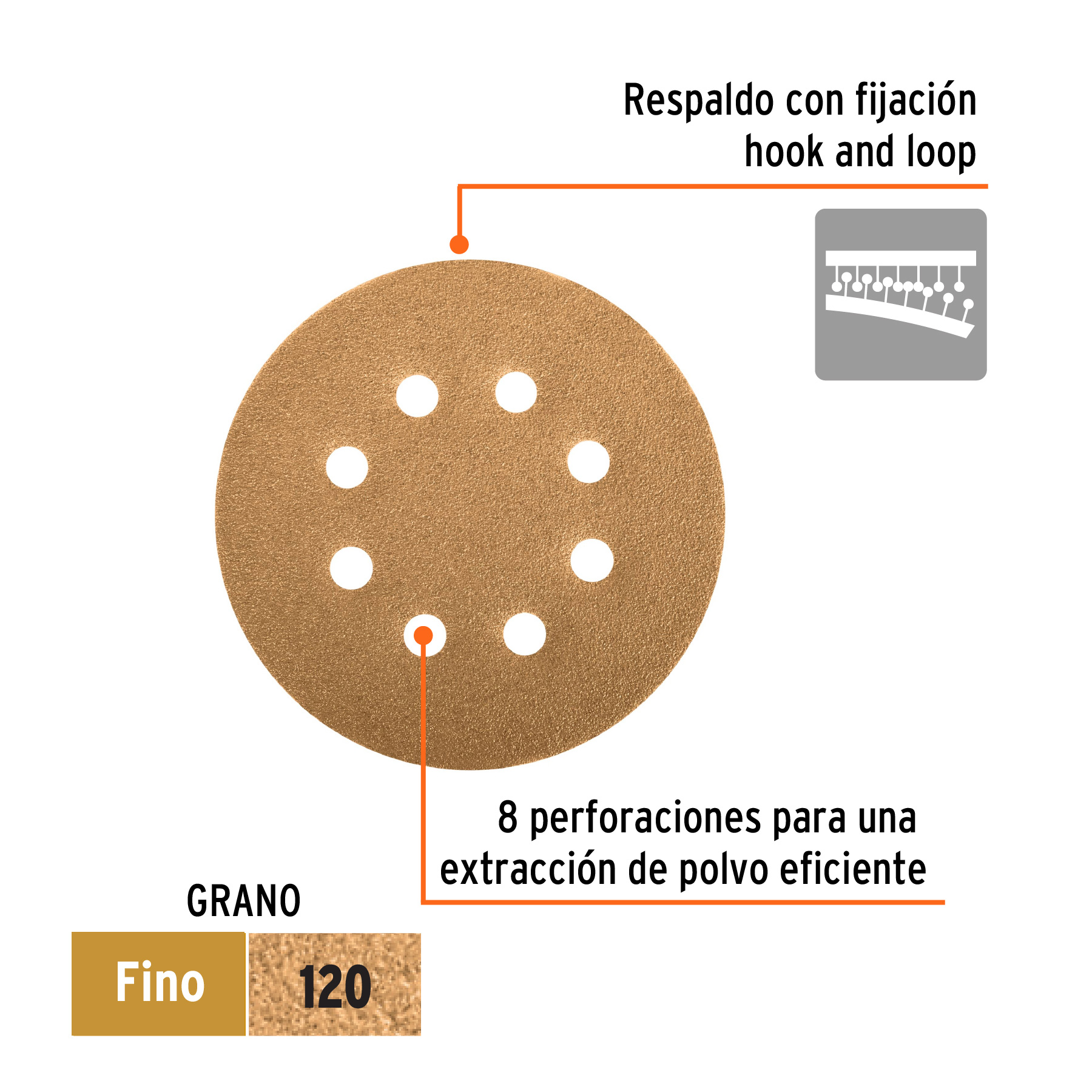 Paquete c/5 discos de lija 5' grano 120, 8 perforaciones - Imagen 2