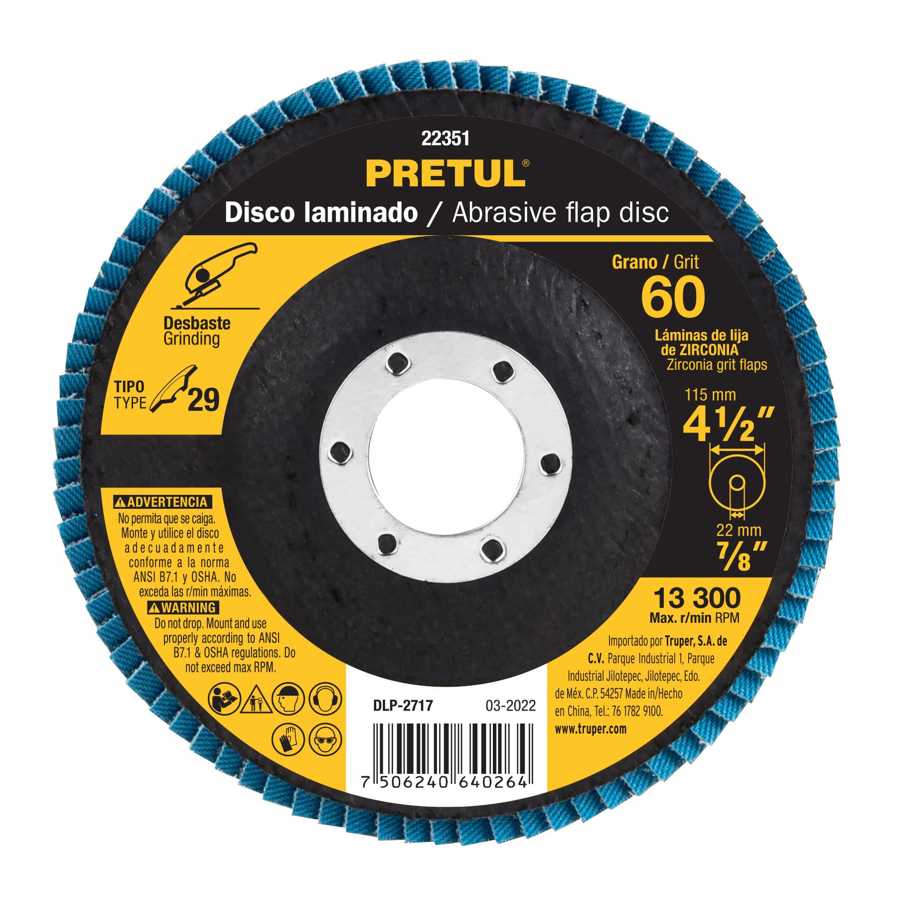 Disco laminado 4-1/2', grano 60 centro 7/8', fibra, PRETUL