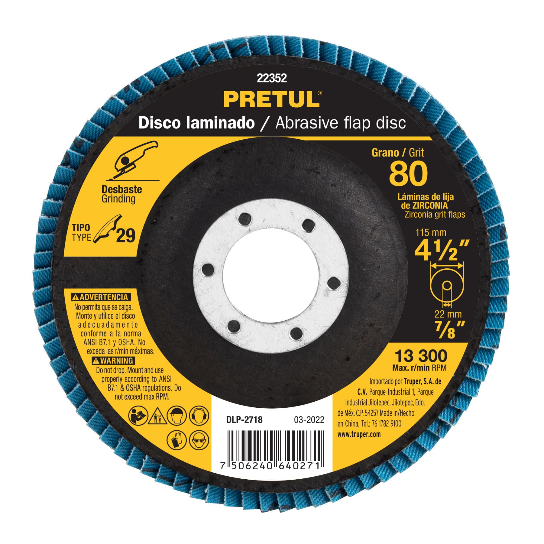 Disco laminado 4-1/2', grano 80 centro 7/8', fibra, PRETUL