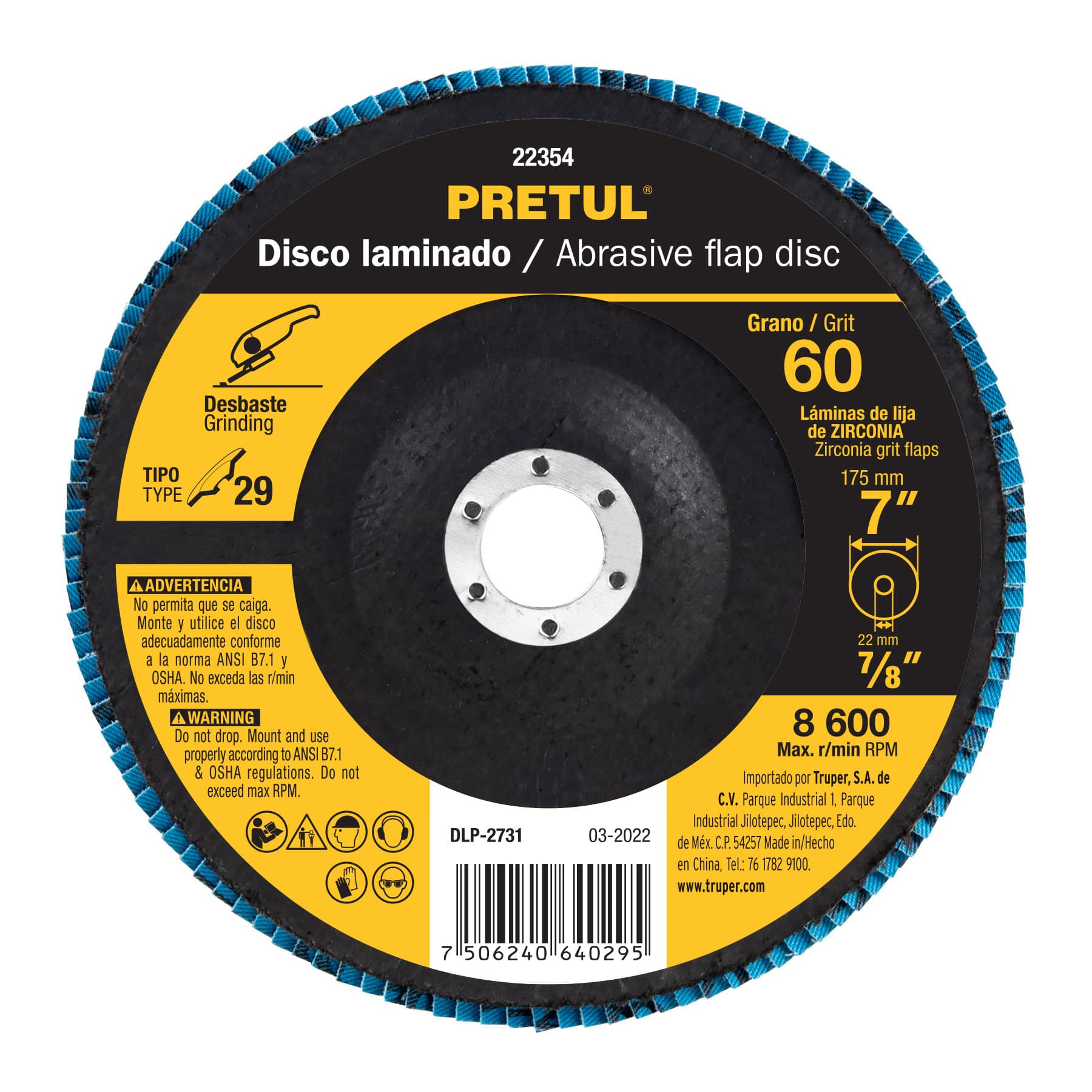 Disco laminado 7', grano 60 centro 7/8', fibra, PRETUL