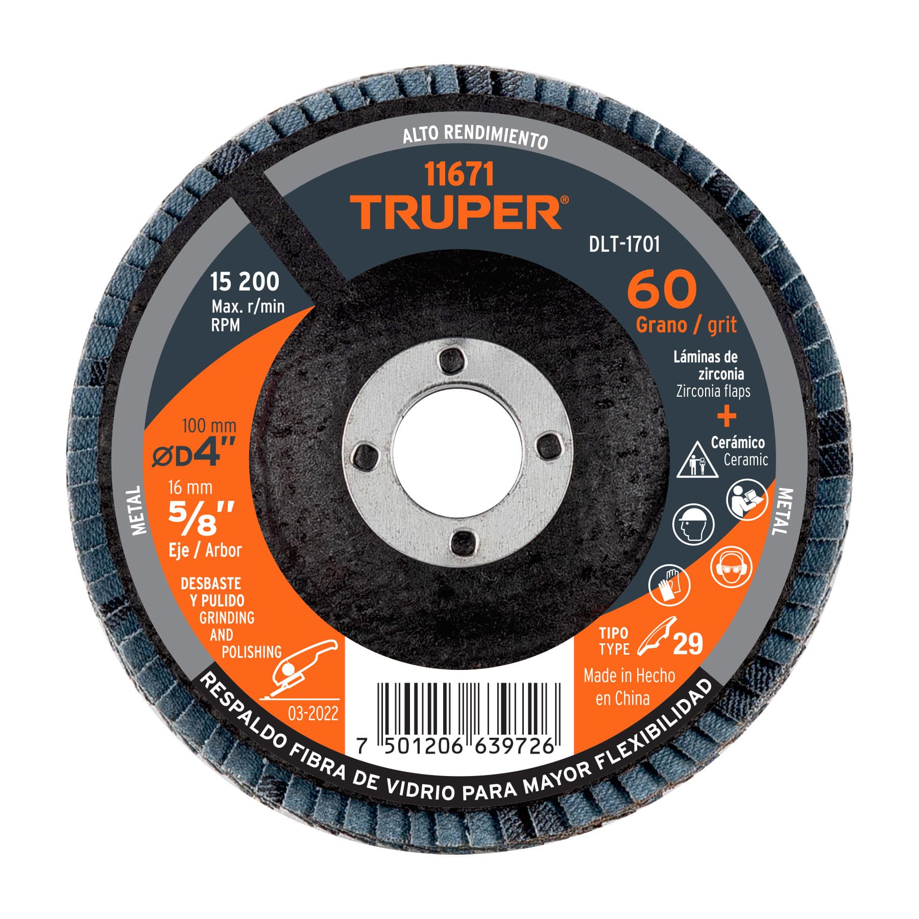 Disco laminado 4', grano 60 centro 5/8', fibra, TRUPER