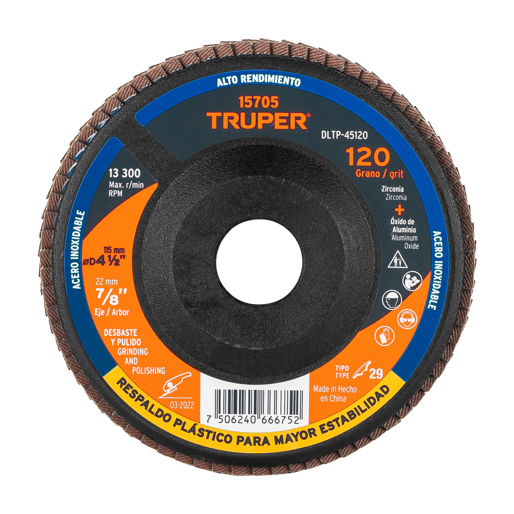 Disco laminado 4-1/2' grano 120 centro 7/8', plástico,TRUPER