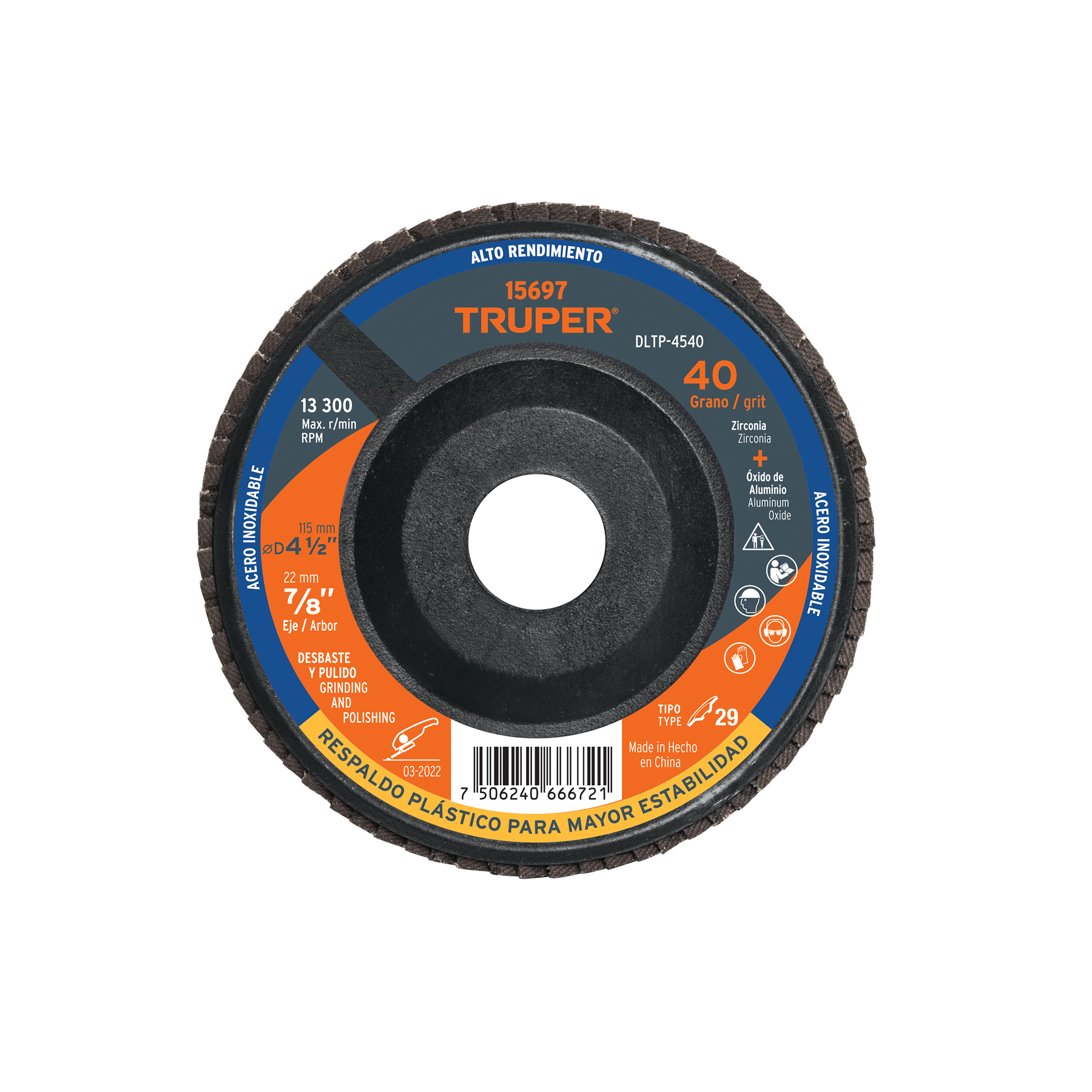 Disco laminado 4-1/2' grano 40 centro 7/8', plástico, TRUPER