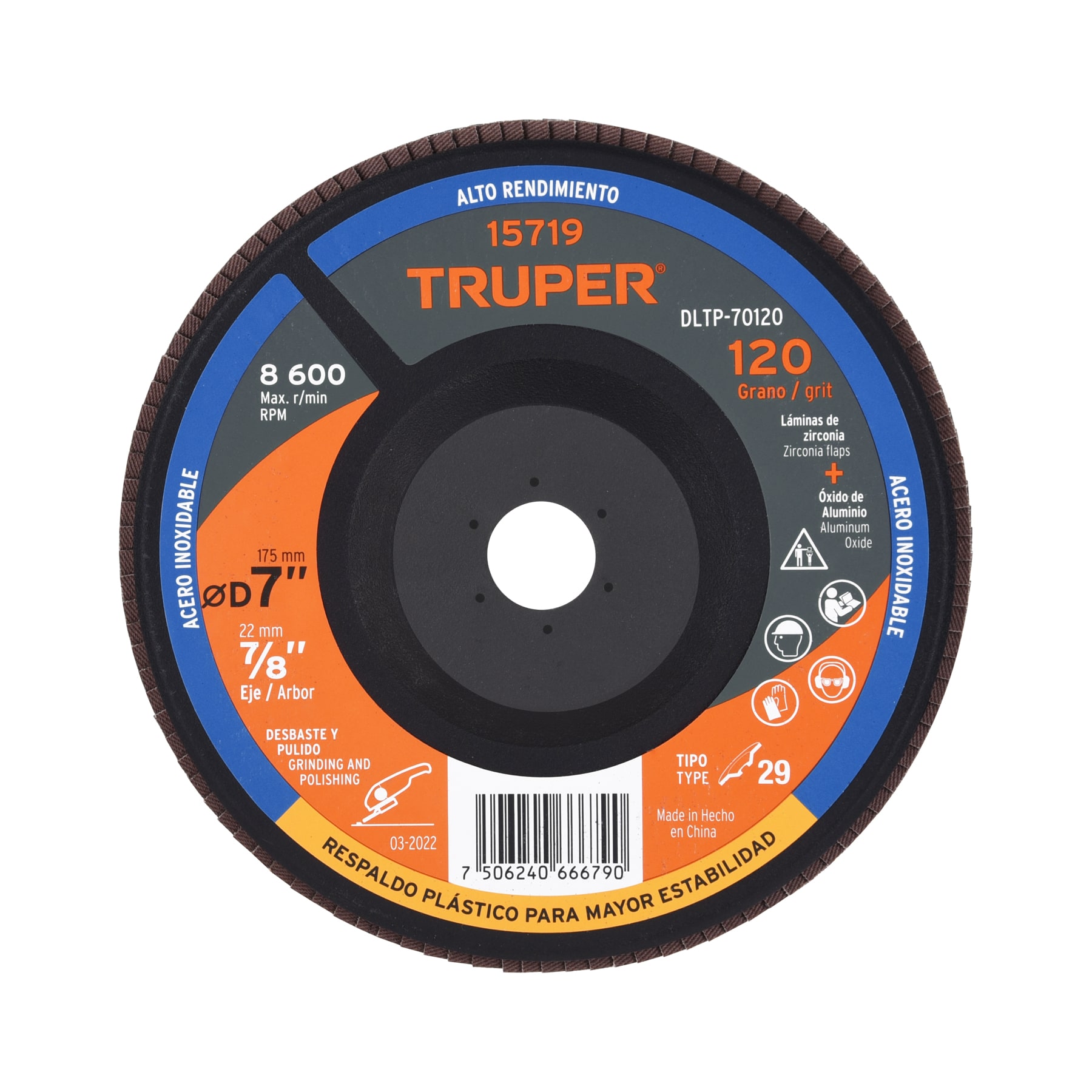 Disco laminado 7' grano 120 centro 7/8', plástico, TRUPER