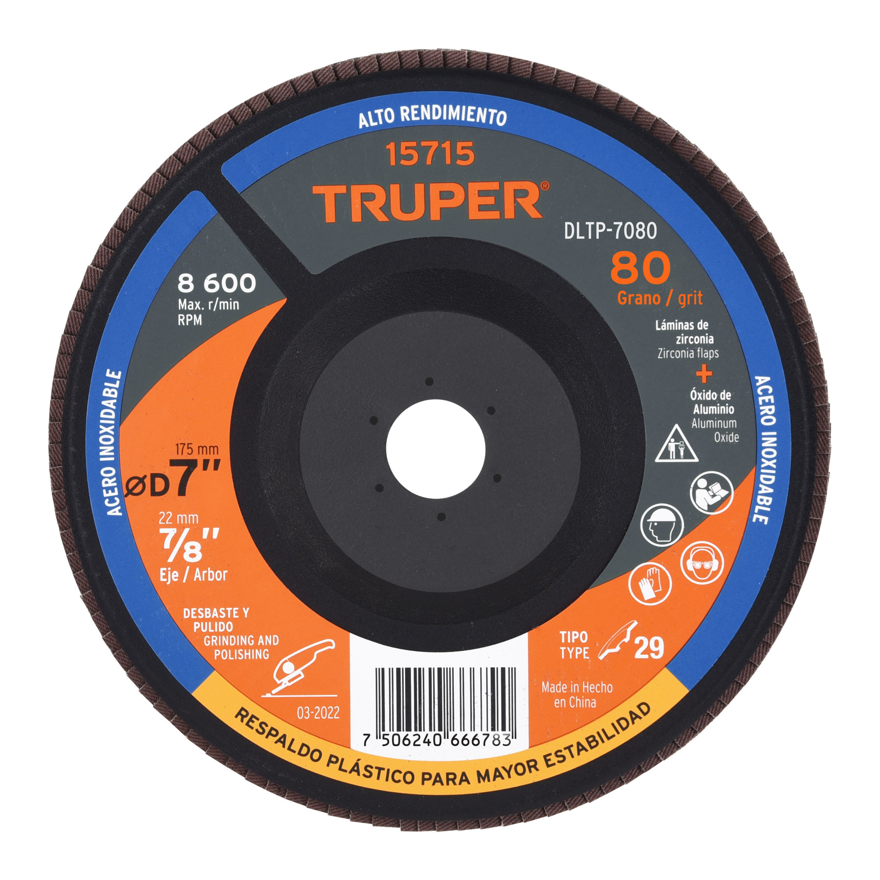 Disco laminado 7' grano 80 centro 7/8', plástico, TRUPER