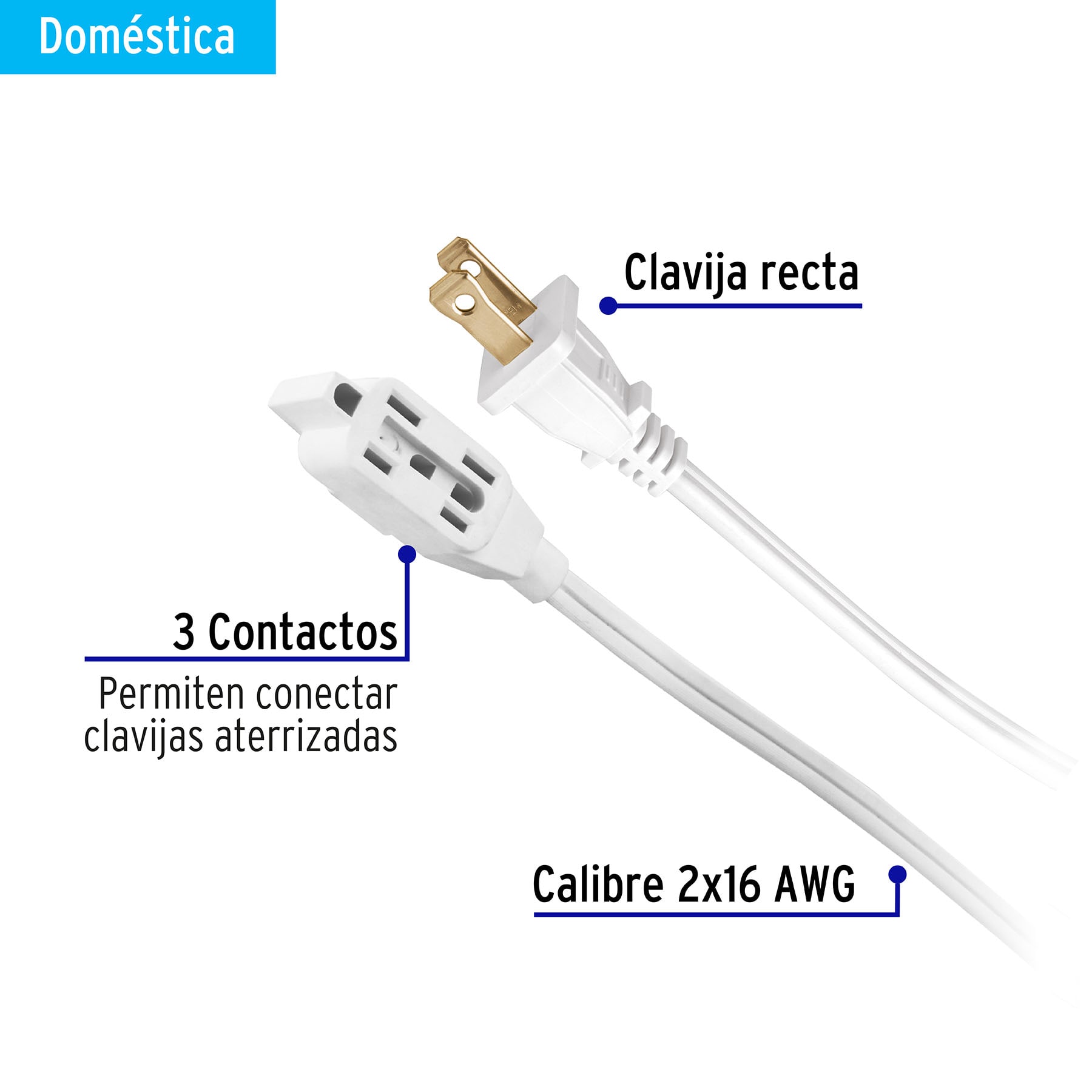 Extensión eléctrica doméstica 8 m clavija recta, blanca - Imagen 2