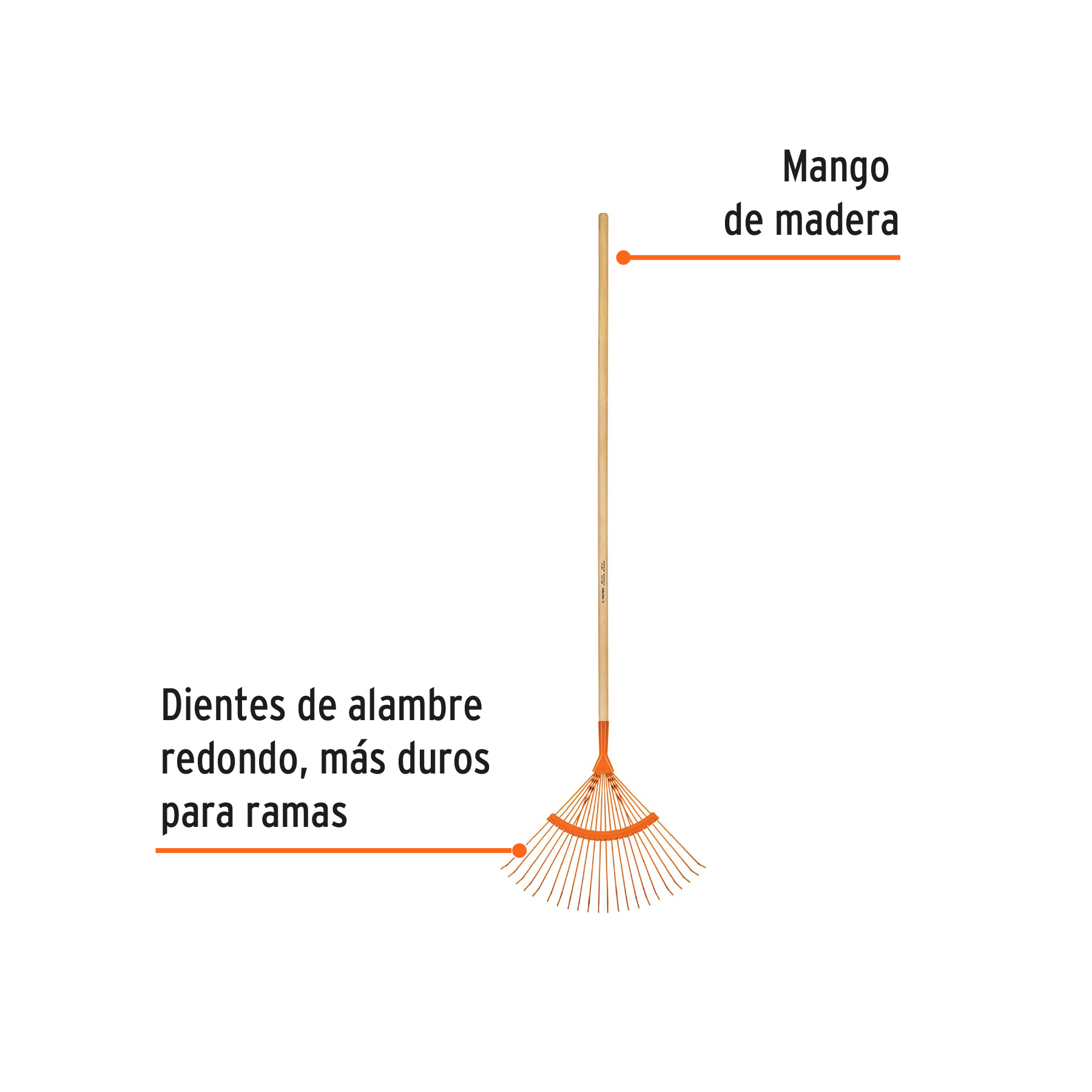 Escoba metálica p/jardín curva,22 dientes redondos,mango 48' - Imagen 2