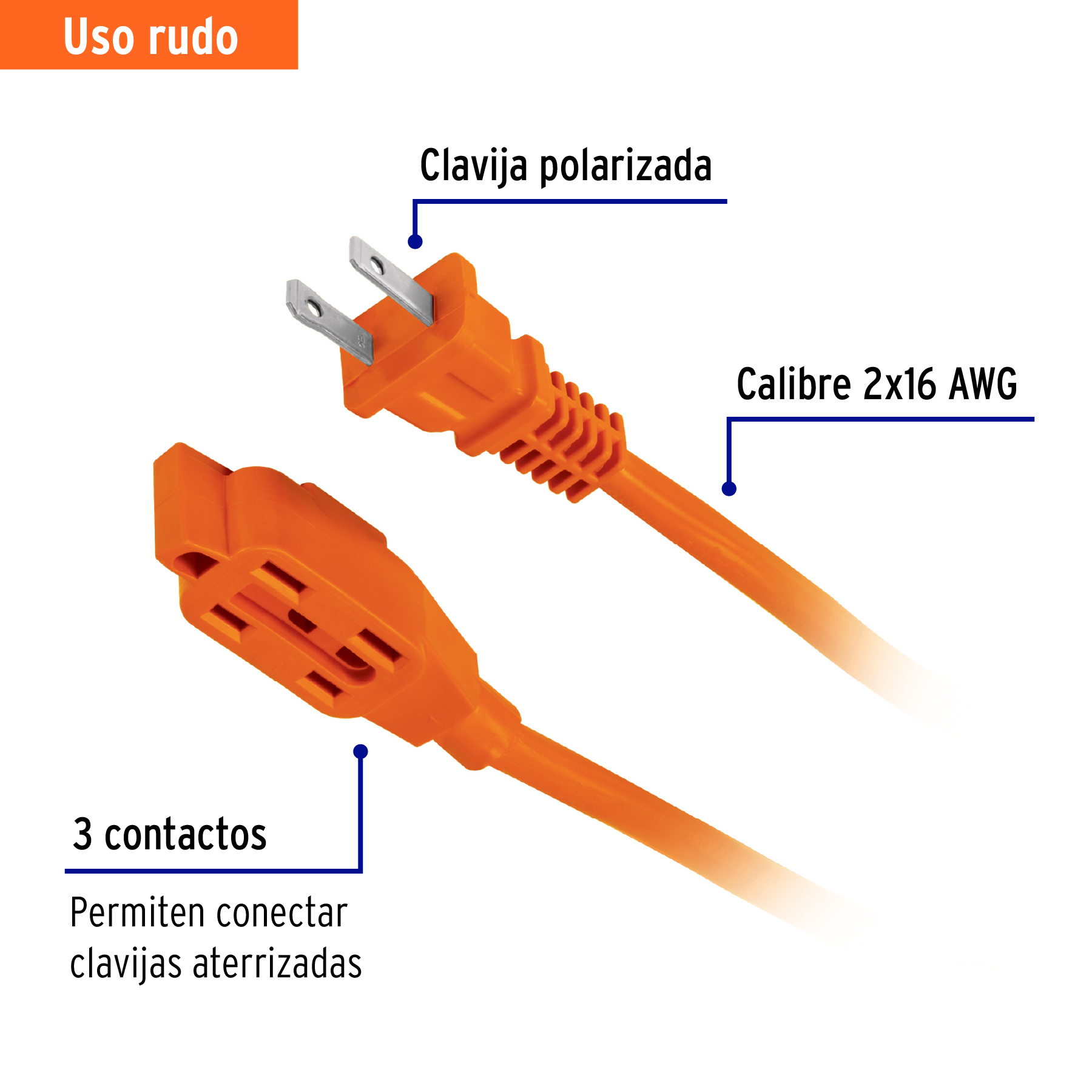Extensión eléctrica de uso rudo 15 m 2x16 AWG, Volteck - Imagen 2