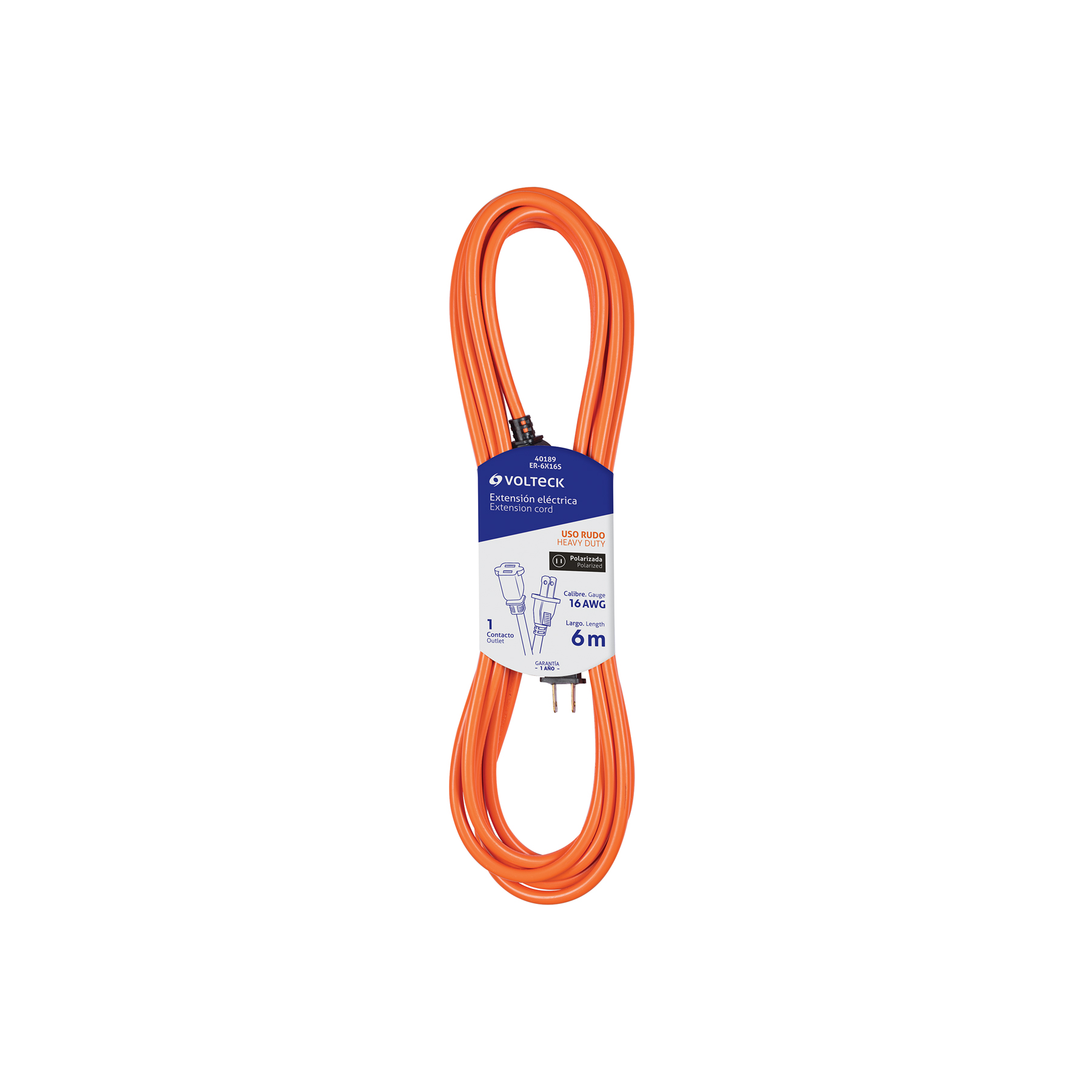 Extensión eléctrica uso rudo 6m 2x16 AWG para 1 clavija