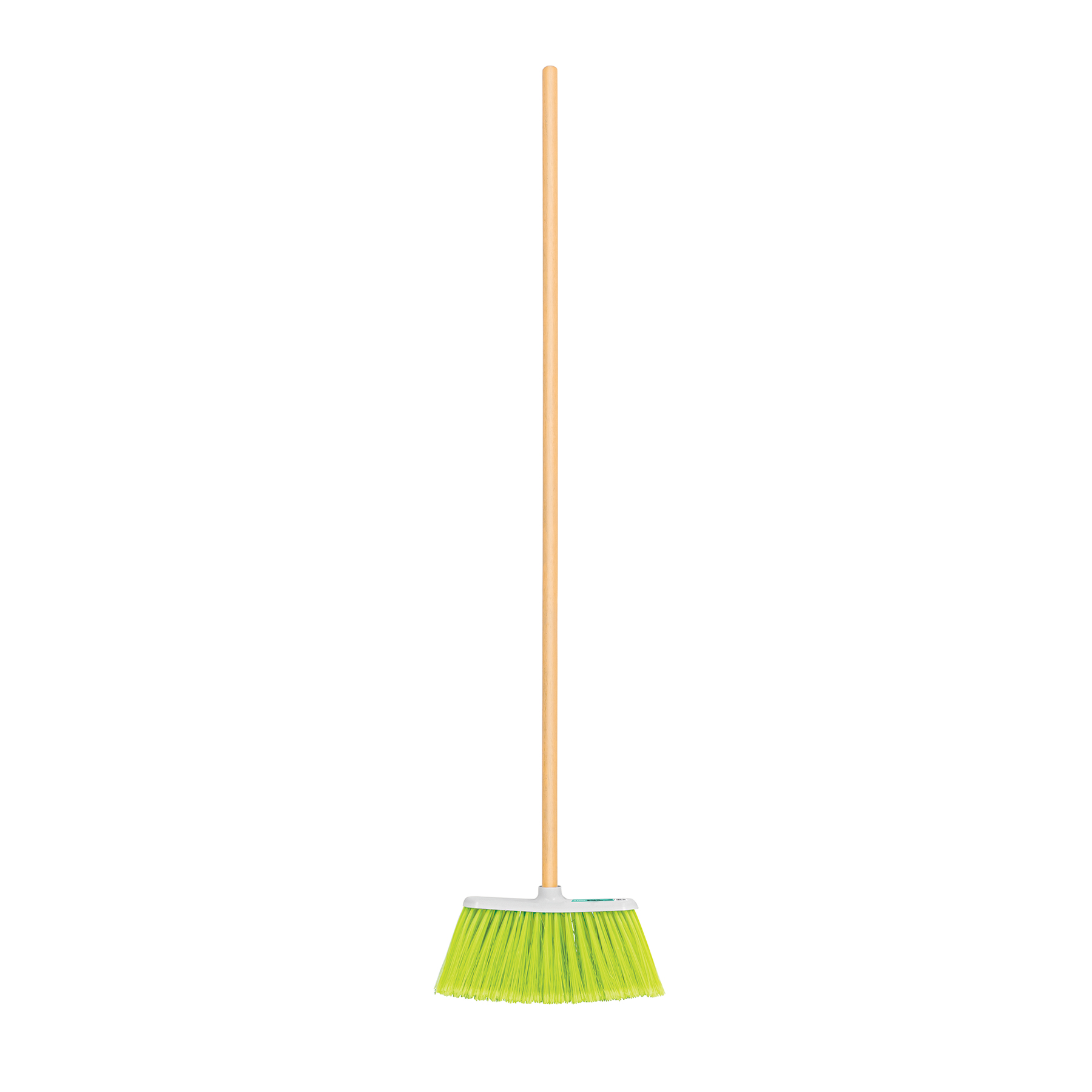 Escoba mediana tipo cepillo, cerdas de PVC, bastón de madera