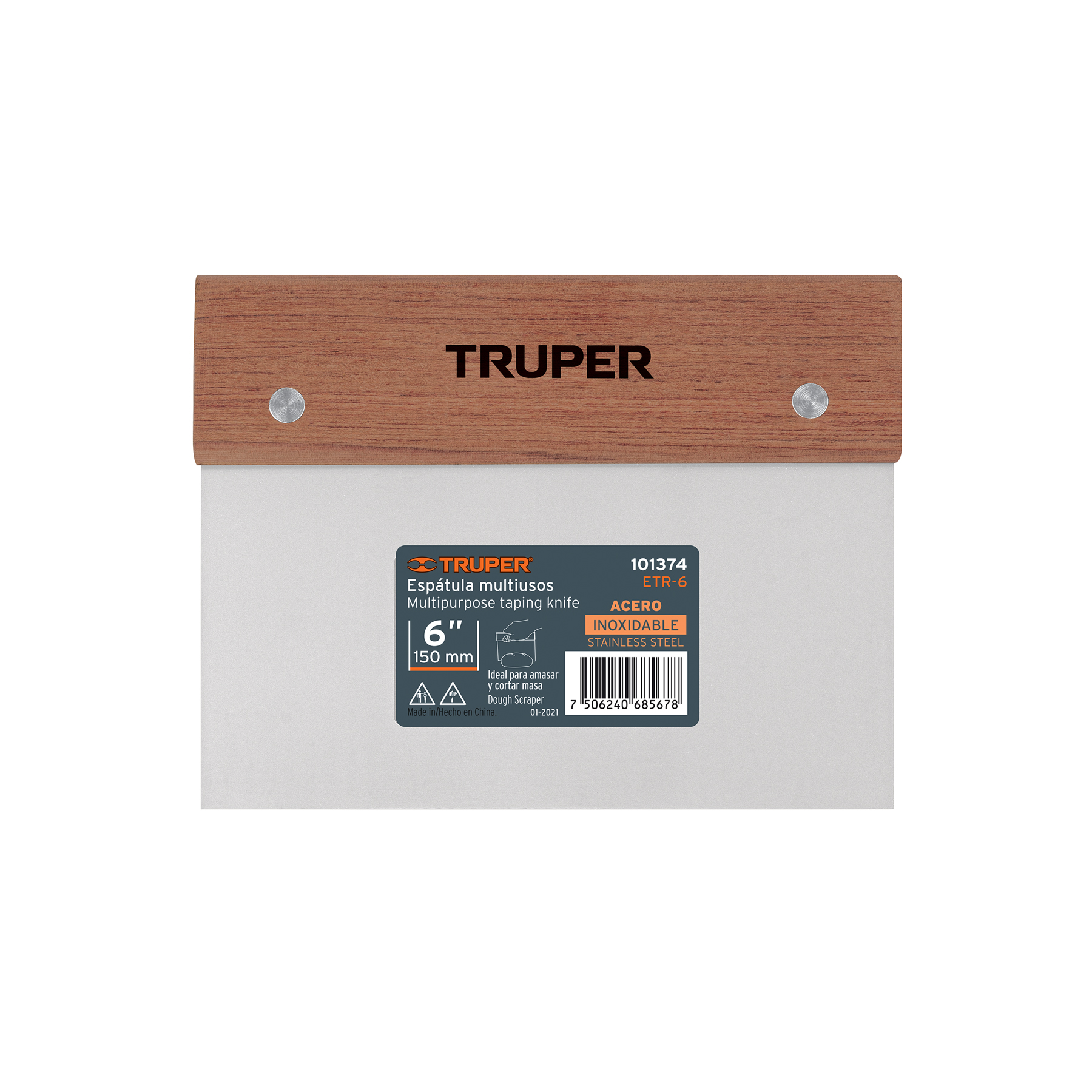 Espátula rectangular 6' x 3' acero inoxidable, mango madera