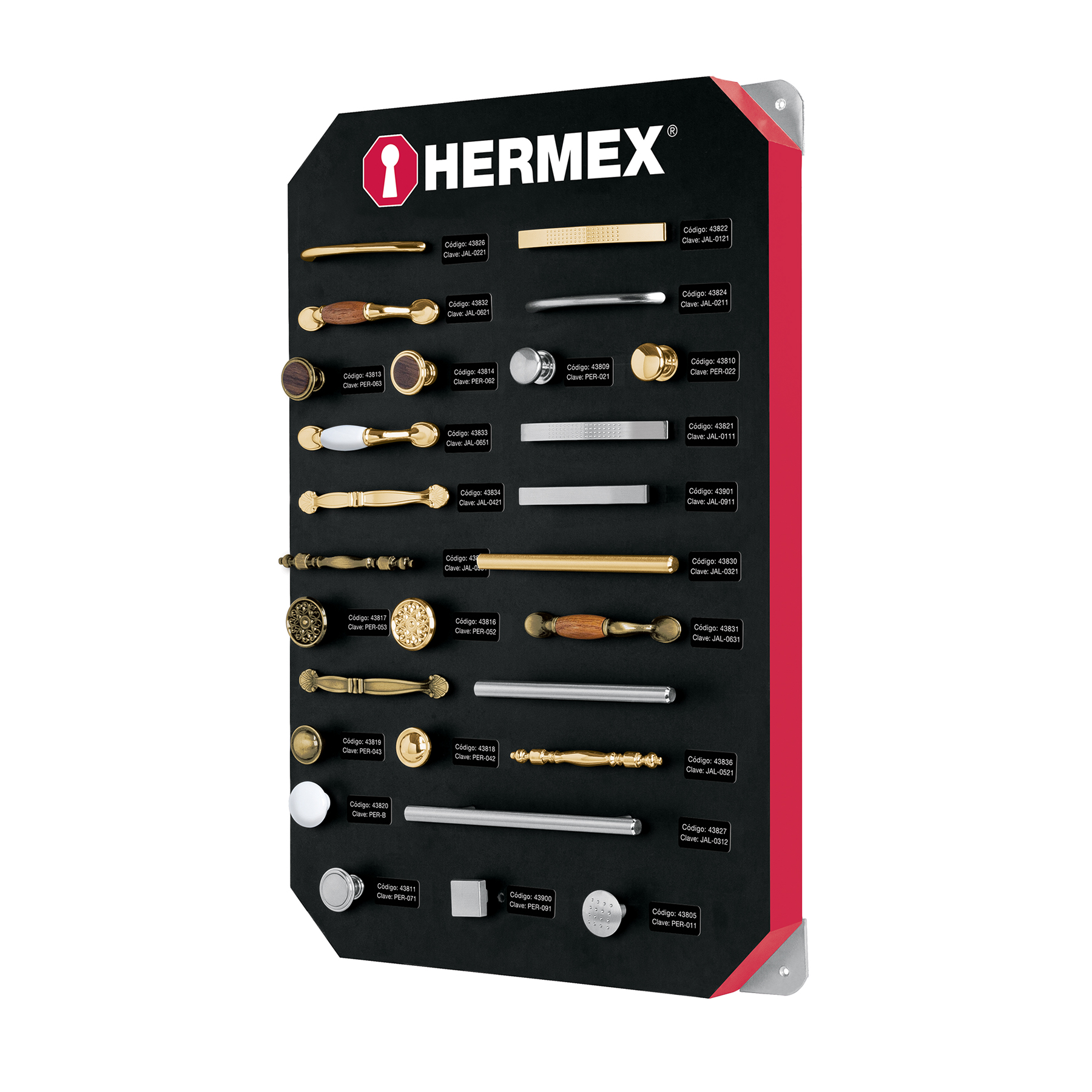 Exhibidor con jaladeras y perillas, 1 tablero, HERMEX