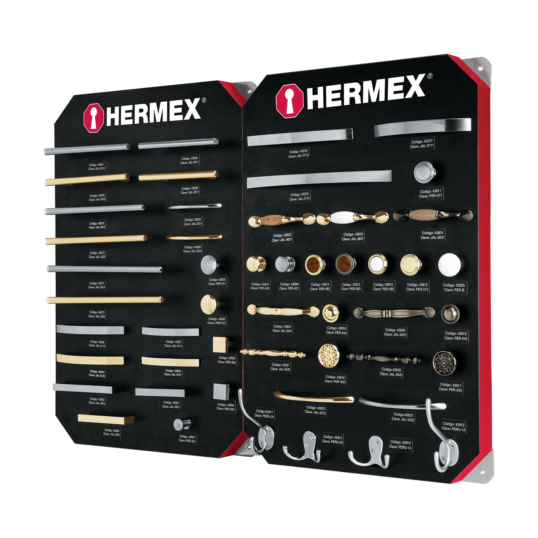 Exhibidor con jaladeras y perillas, 2 tableros, HERMEX